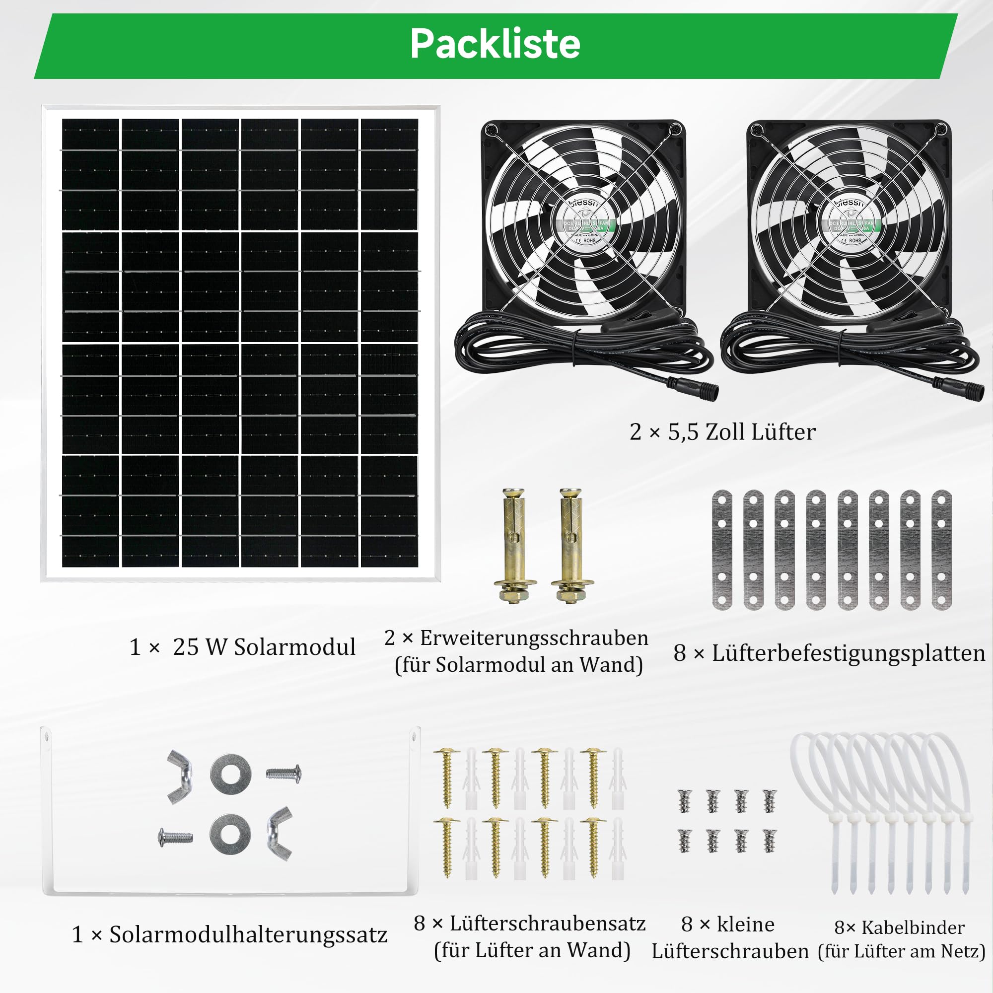 blessny Set di ventole solari da 5,5 pollici, pannello solare da 25 W, con 2 ventole impermeabili per pollai all'aperto, serre, capannoni, aria di alimentazione o scarico con cavo da 4,5 m