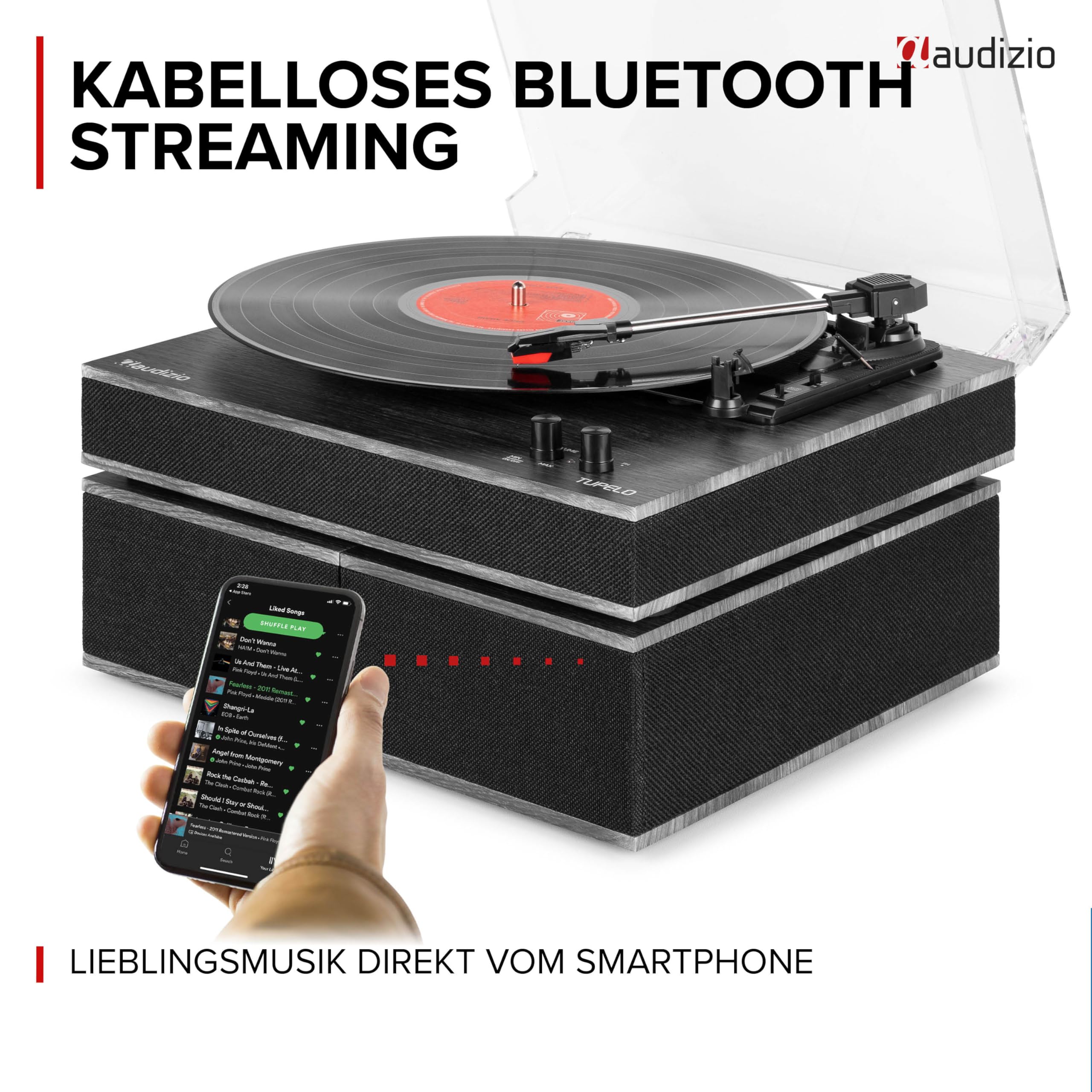 Audizio Tupelo - Plattenspieler mit Lautsprecher & Bluetooth, Schallplattenspieler Set mit Verstärker, 3 Gang (33/45/78 RPM) - 120 Watt Vinyl Player mit 2 Stereo Lautsprecher, Gramophon - Schwarz