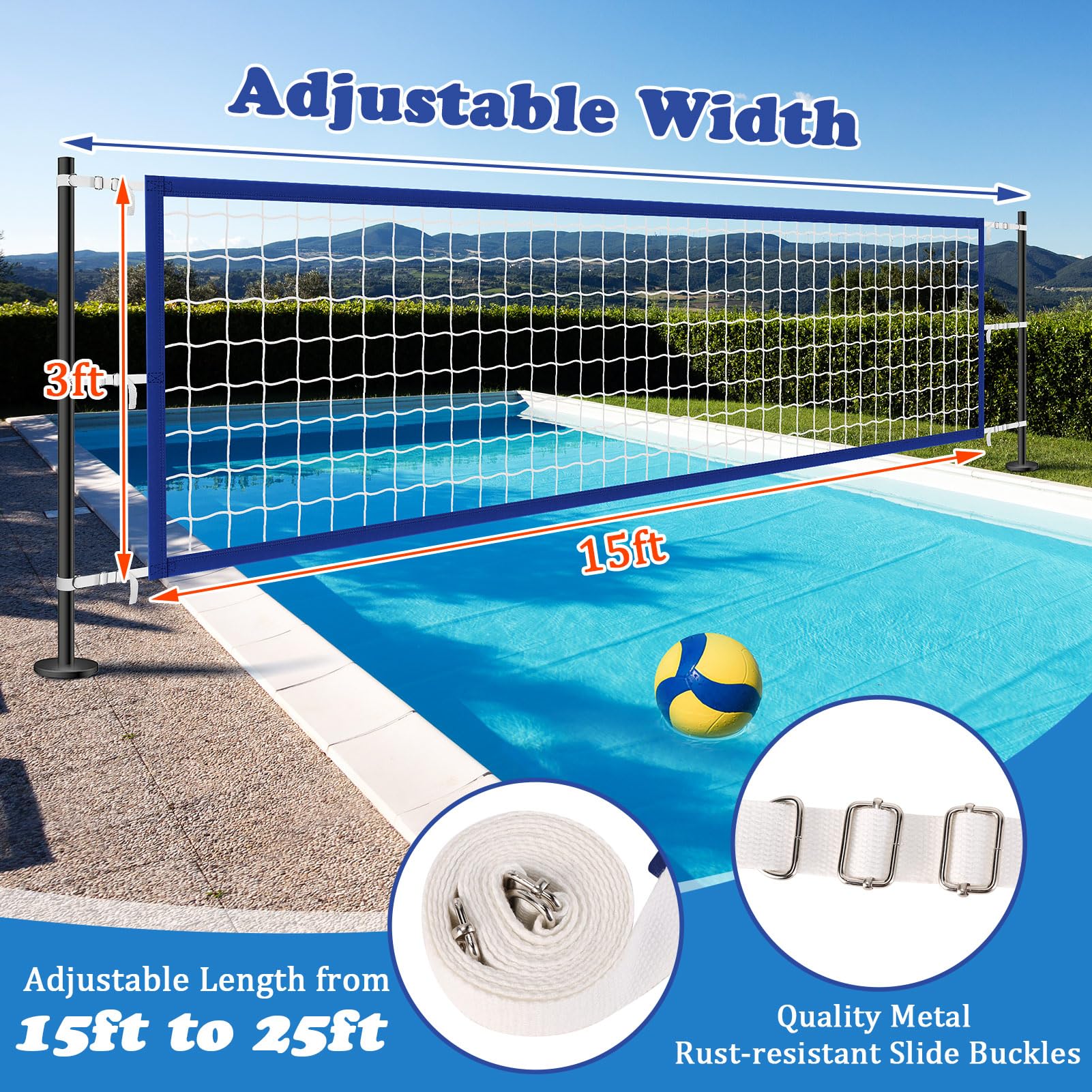 Red de voleibol de piscina mejorada, red de voleibol de piscina de 15 x 3 pies para piscina enterrada | Juegos para adultos y familia 2025 Flotadores de piscina de verano para regalo de fiesta, bordes gruesos, hebillas de metal
