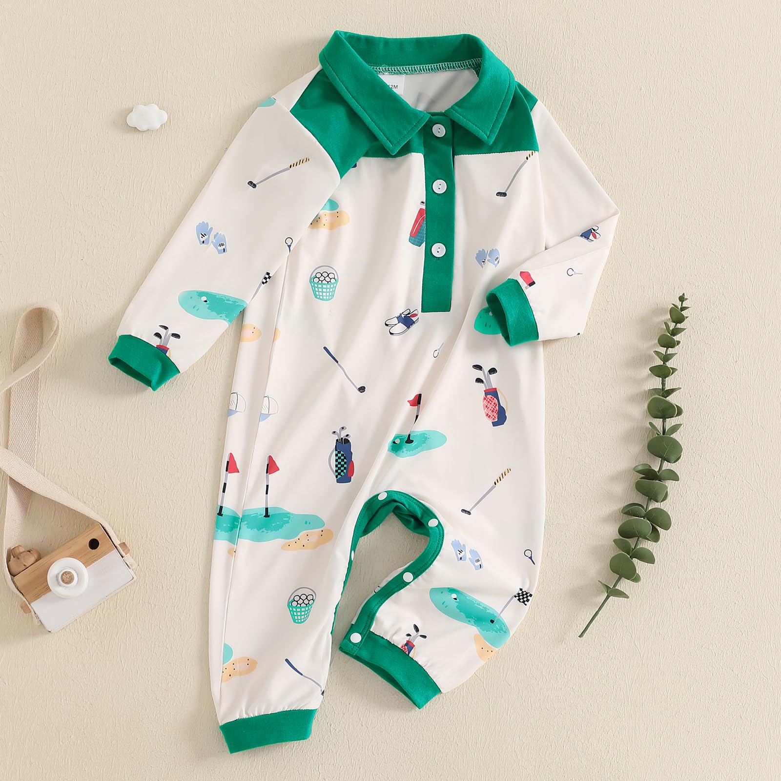 baorji Newborn Baby Boy Girl Golf Outfit Long Sleeve Polo Shirt Romper Infant Jumpsuit Pants 0-2T Baby Fall Winter Clothes (Green, 6-12 Months)