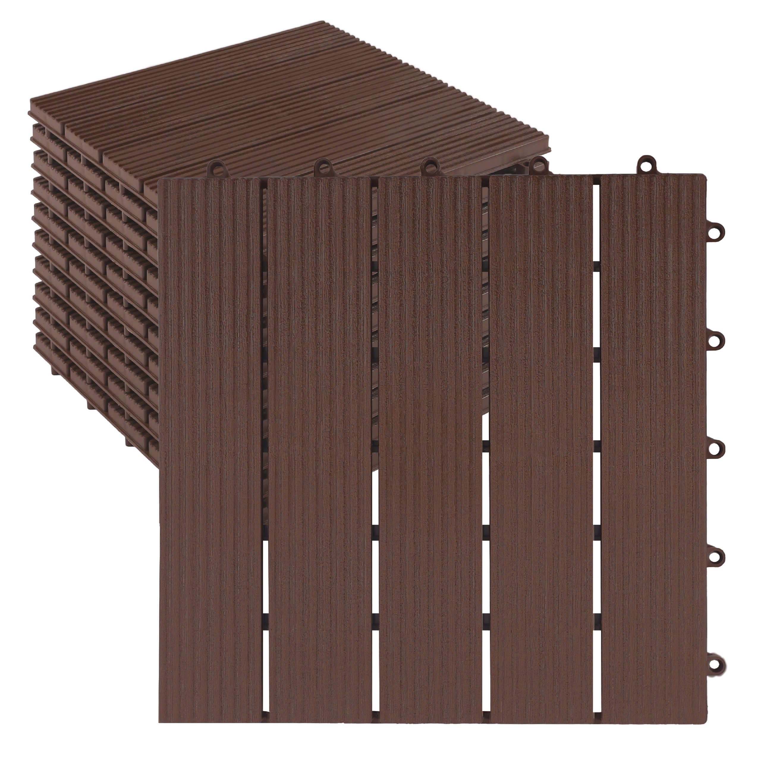 10PCS Plastic Interlocking Deck Tiles, 12x12 inches Patio Flooring, Waterproof Indoor and Outdoor Tiles All Weather for Front Porch, Backyard, Balcony, Poolside, Brown