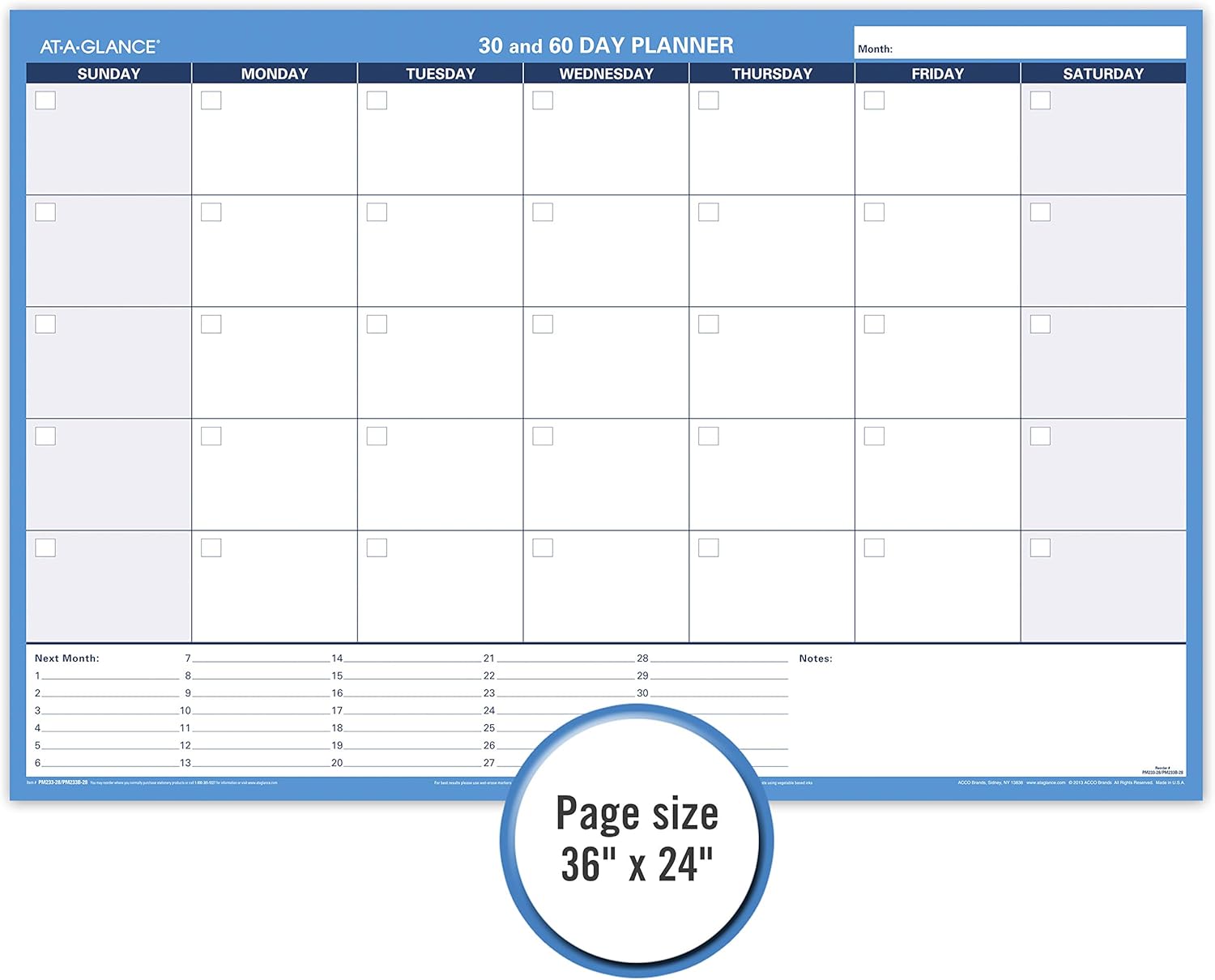 AT-A-GLANCE Wall Planner / Calendar, Undated, Erasable, 30/60-Day, 36 x 24, White/Blue (PM233-28)