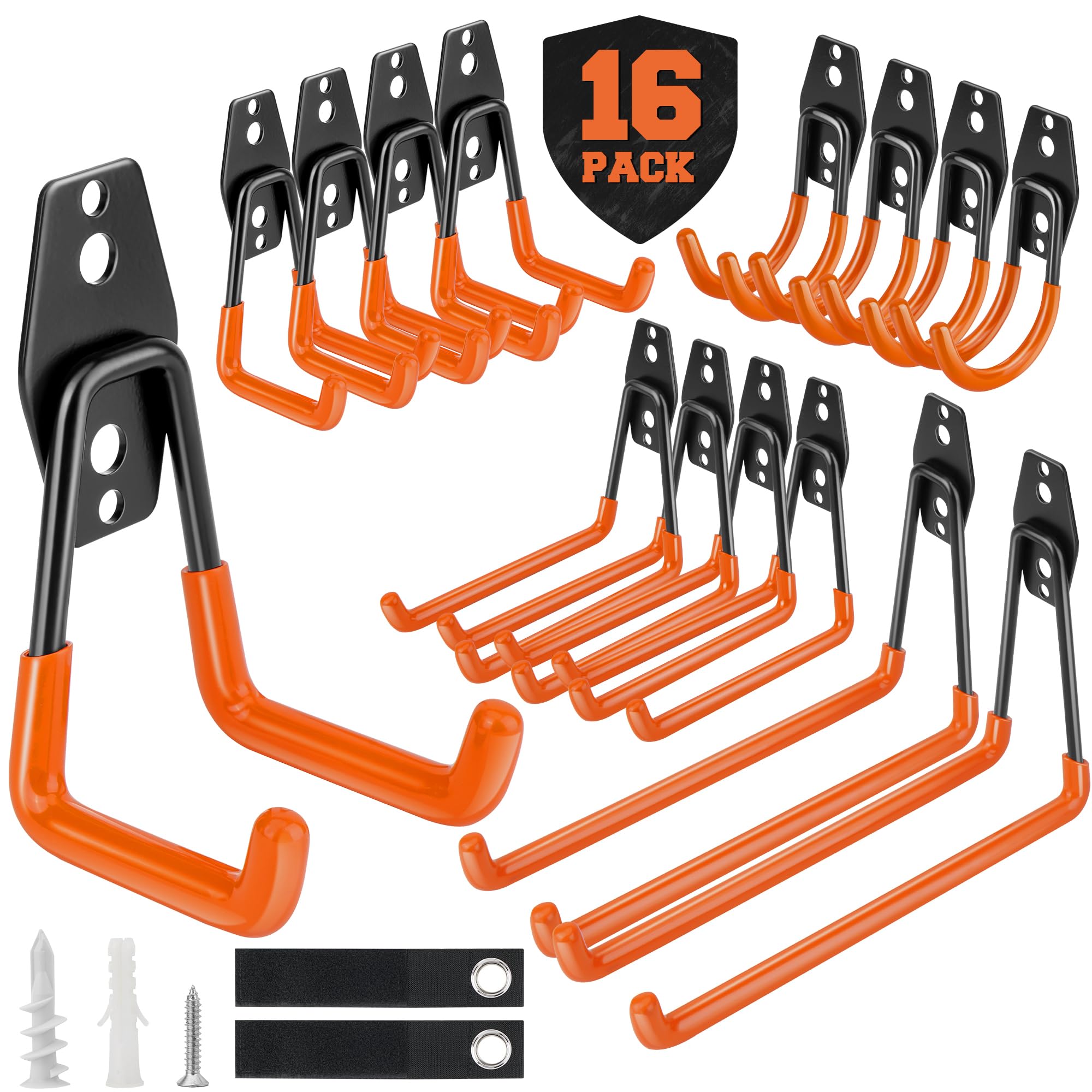 Nacial 16 Pack Garage Hooks Heavy Duty, Utility Steel Garage Storage Hook with 2 Extension Cord Storage Straps, Utility Garage Wall Mount Hooks for