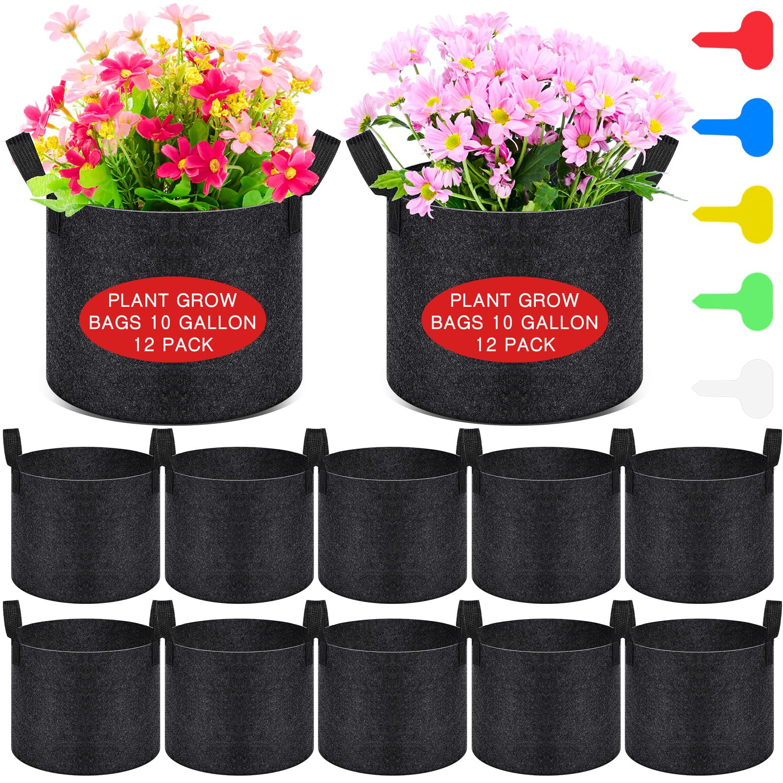 Tanlade 12 bolsas de cultivo con 12 etiquetas para plantas, macetas de tela de aireación gruesa resistente con asas, bolsas de cultivo de patatas, plantas de flores vegetales (10 galones)