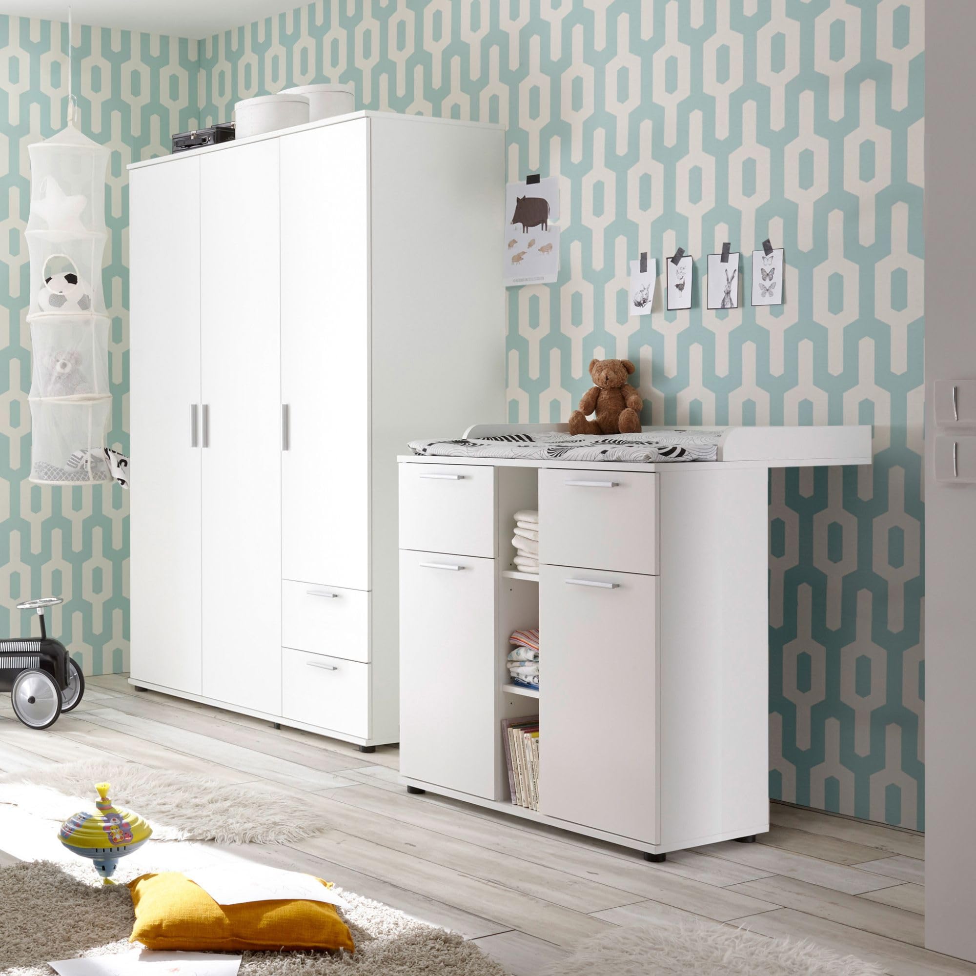 Babyzimmer Bibo Weiß MDF Wickelkommode Kleiderschrank Babybett Kinderzimmer