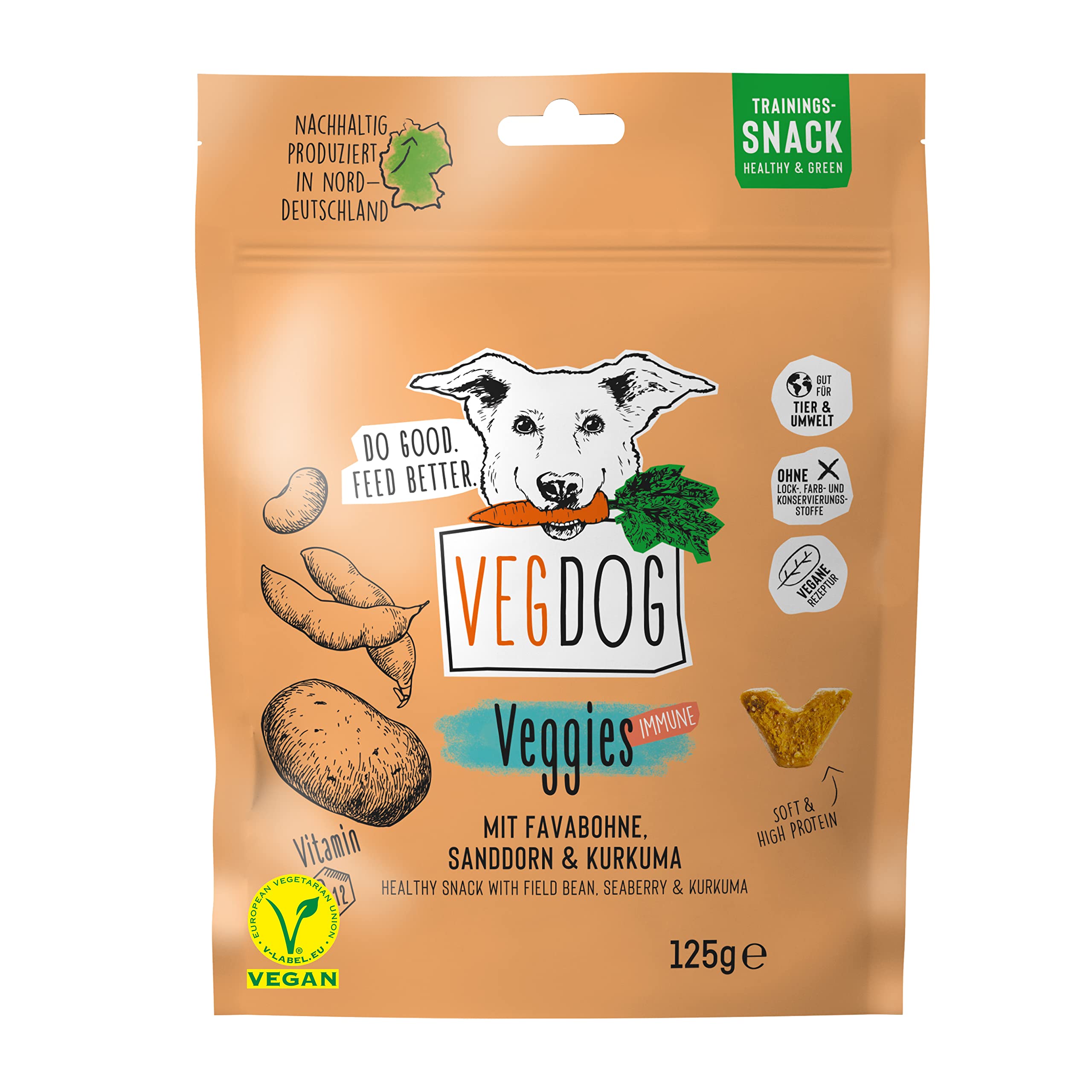 VEGDOG Veggies Immune hypoallergene hondensnack (10 x 125 g), trainingssnack voor een sterk immuunsysteem, eiwitsnack voor mensen met een allergie met aardappel en duindoorn