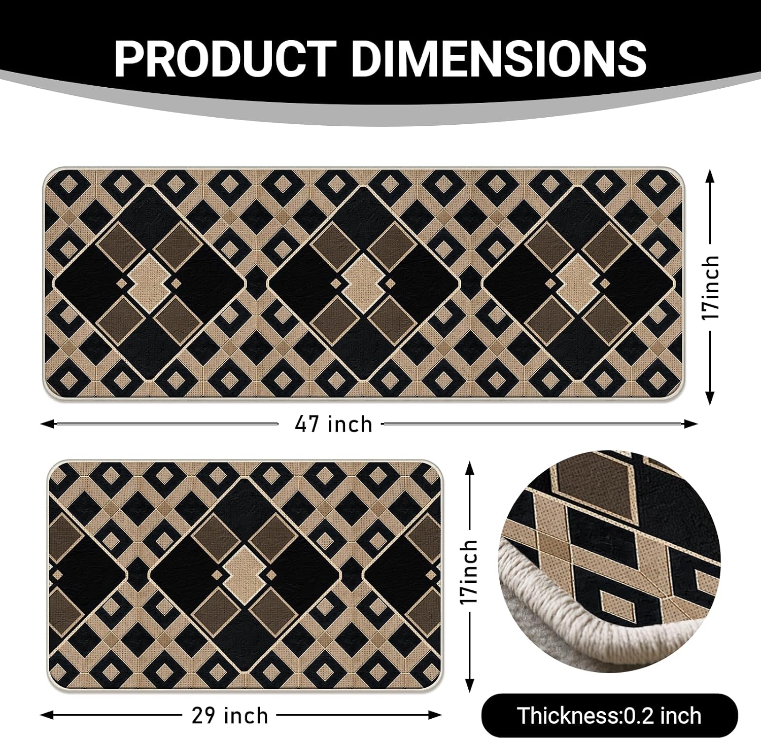 Geometric Argyle Kitchen Rugs Set of 2, Vintage Diamond Ethnic Neutral Modern Art Contemporary Floor Mats Home Decor, Retro Minimalist Door Mat Decorations - 17x29 and 17x47 Inches