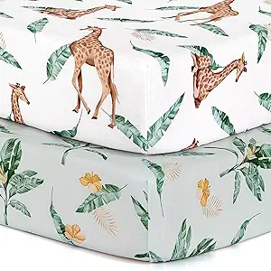 BROLEX 2 Pack Mini Crib Sheets, Stretchy Portable Fitted Playard Sheet Set, Convertible Playard Mattress Cover, Ultra Soft Breathable Material, Giraffe Leaf