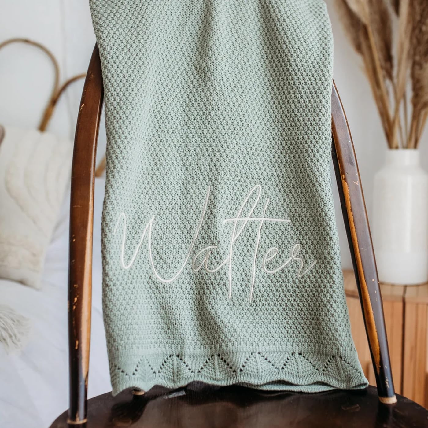 REEG Personalised Baby Blanket. Soft Cotton Knit Baby Blanket with Embroidered Name on Hem,personalised Knitted Cotton Baby Blankets (Green,Embroidered name)