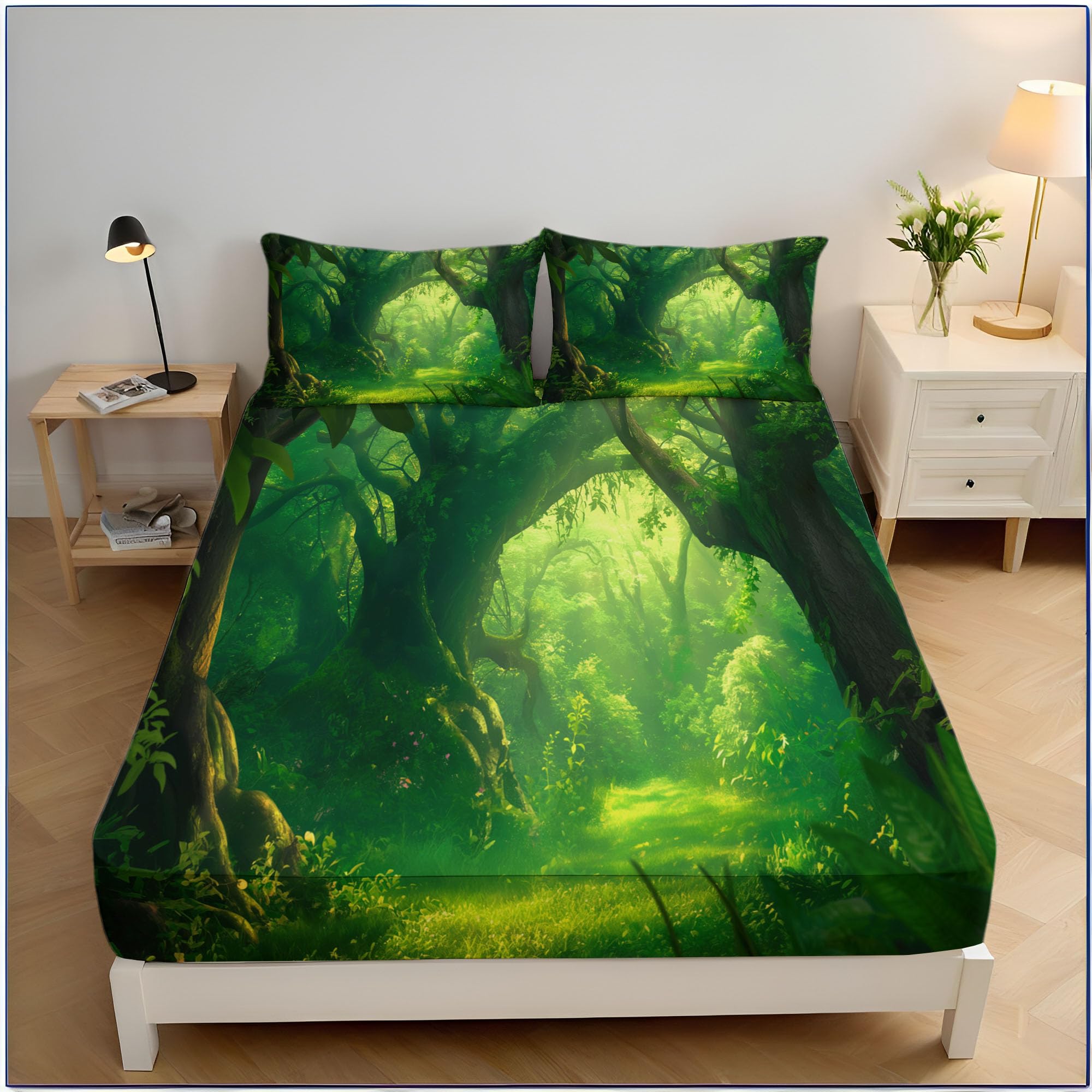 Parure drap de lit motif plantes vertes pour créer une ambiance nature et zen dans la chambre