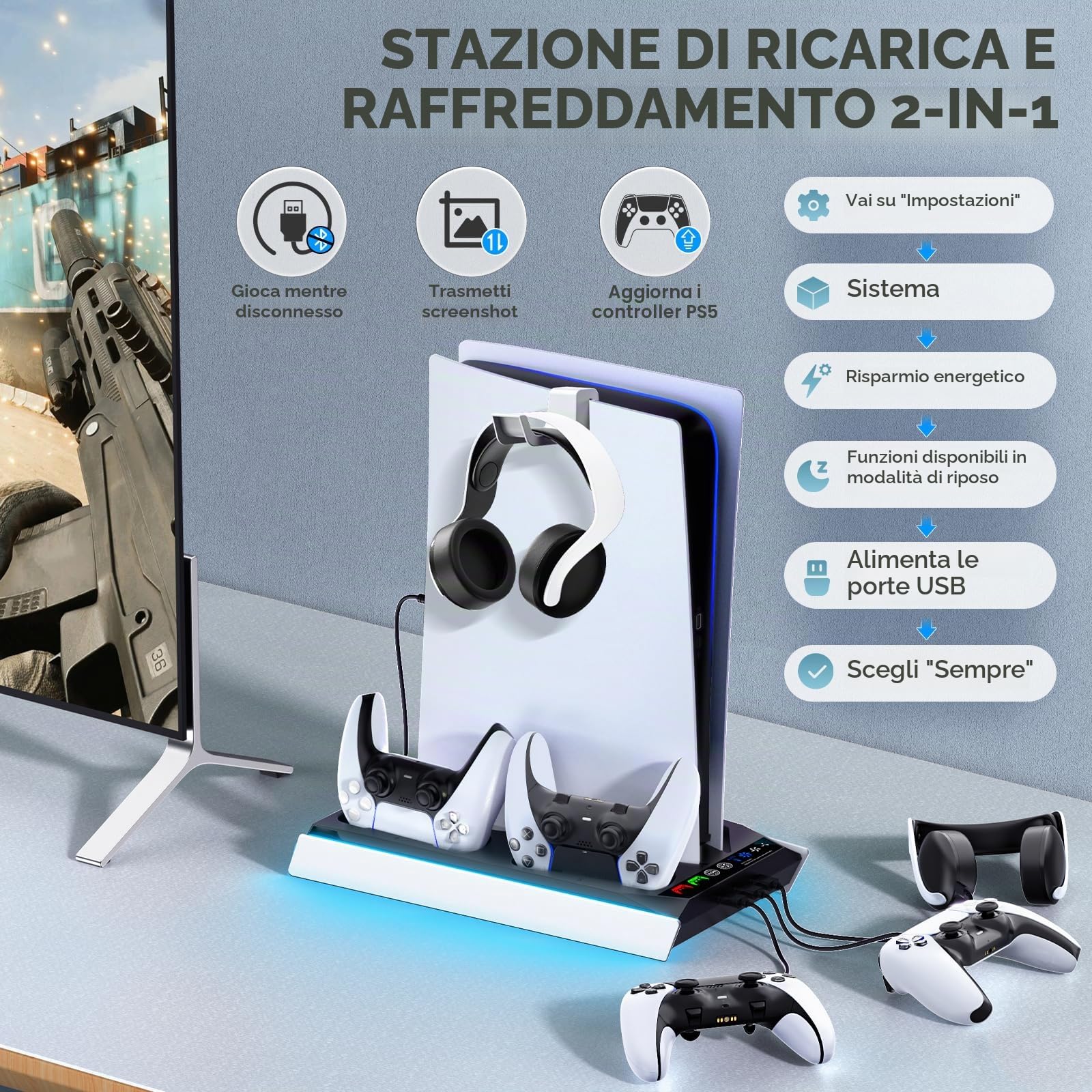 Tokluck Supporto PS5 con Ventola di Raffreddamento Automatica, Base PS5 Slim con Controllere di Ricarica PS 5, Stazione Ricarica Controller PS5 per Controllere P5 & Edge & PRO, Accessori P5/Slim
