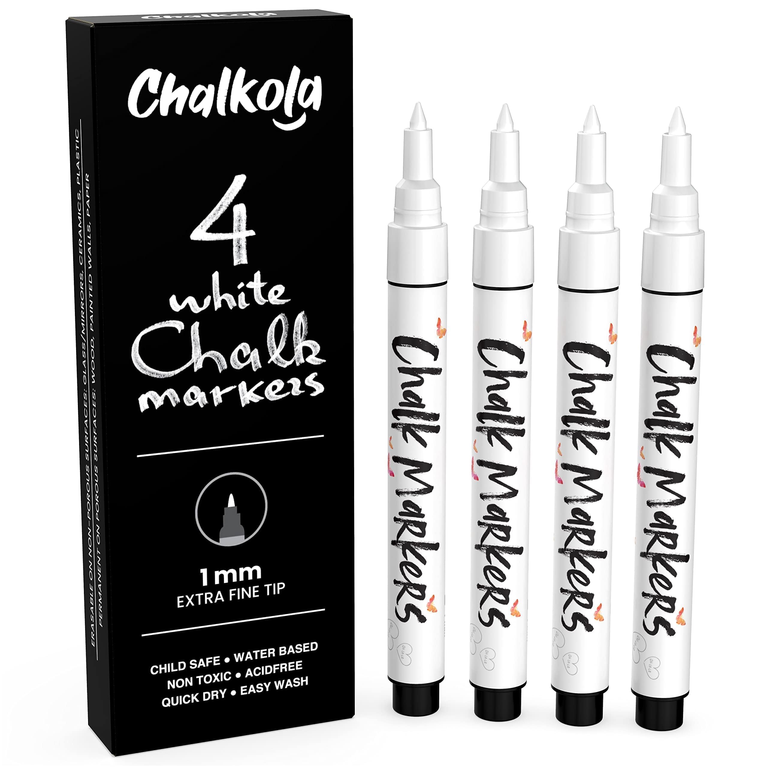 Chalkola Rotuladores de tiza blanca con punta extra fina (4 unidades de 1 mm de punta) – Rotuladores blancos de borrado en seco para pizarras, pizarras, ventanas, vidrio, bistró