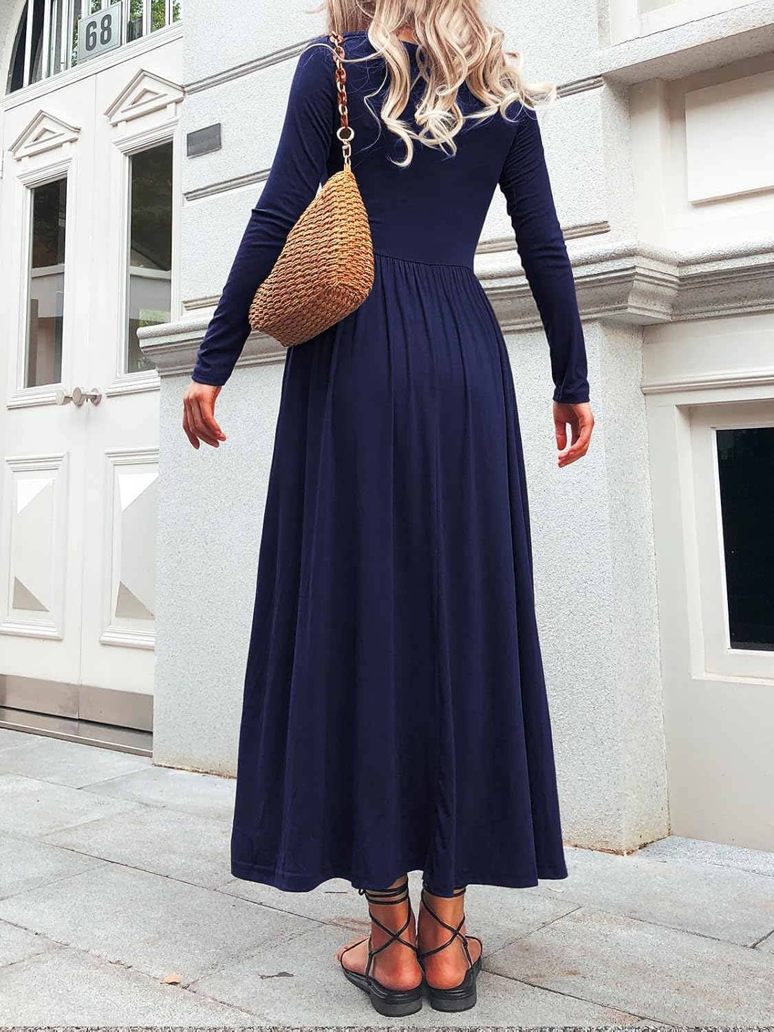 Long Sleeves Maxi Dress for Women A Line 2025 V Neck Casual Button Boho Tshirt Long Dress with Pockets - Image 5