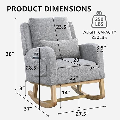 Miniatura 2 de NIOIIKIT Mecedora para guardería, sillón moderno de respaldo alto con bolsillos laterales, balancín deslizante con asiento acolchado, almohada