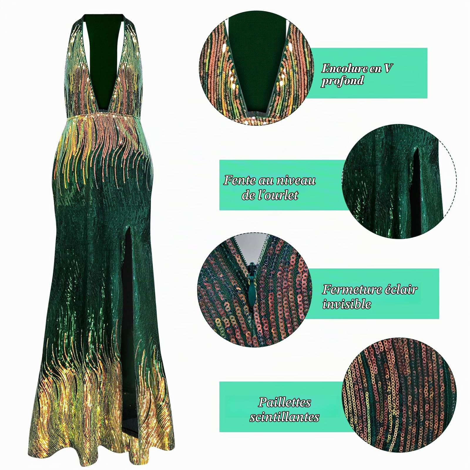 PLULON Robe à Paillettes pour Femme des années 1920, Robe de Cocktail Sexy à col en V Gatsby avec Ensemble