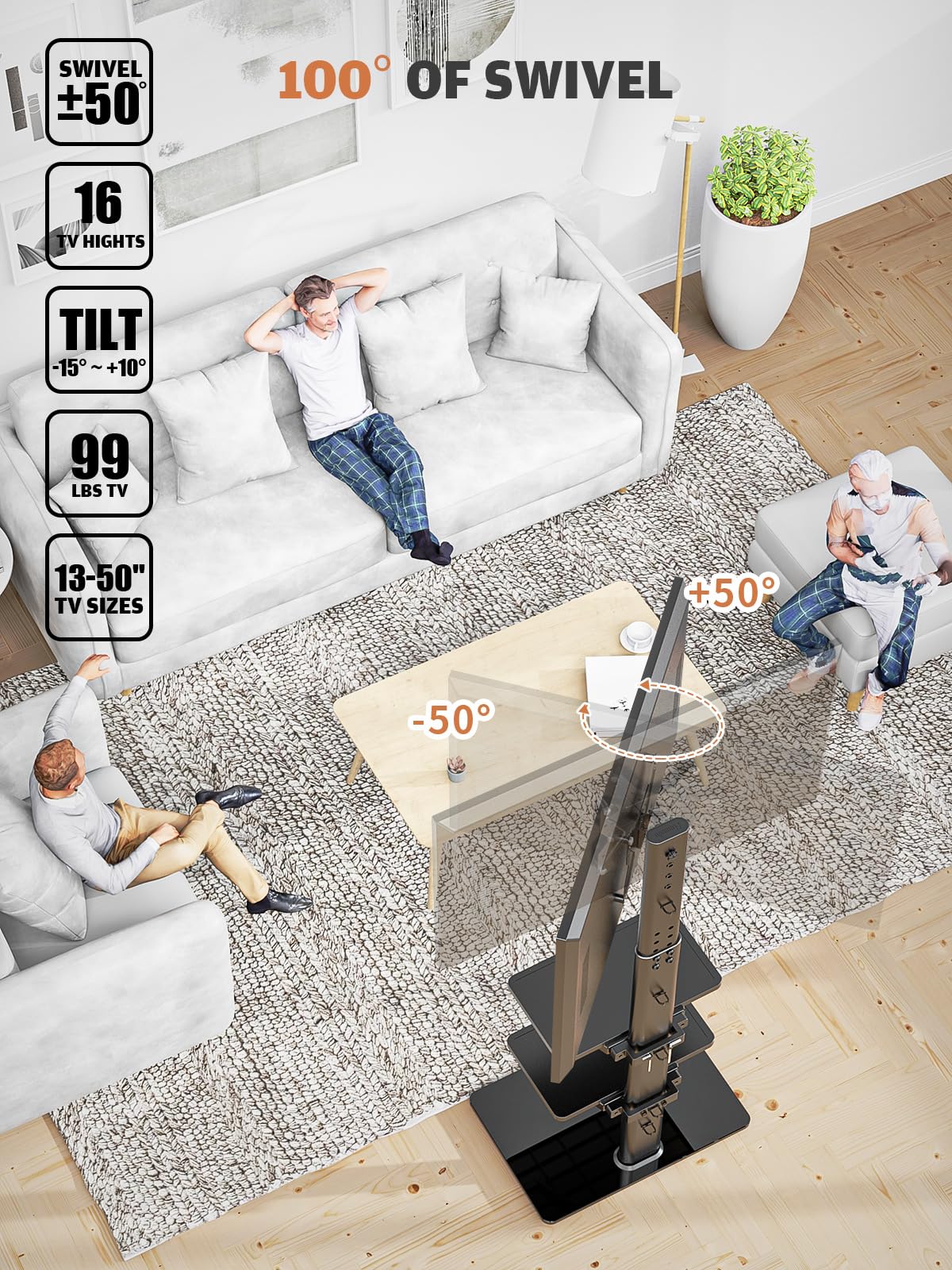 Hemudu Supporto TV da Pavimento Regolabile in Altezza 16 Livelli, Porta TV da Terra Mobile per TV LCD LED da 19 a 43 Pollici, Staffa TV Girevole 100º, Fino a 45 kg, Max VESA 200 x200 mm, 3 Ripiani