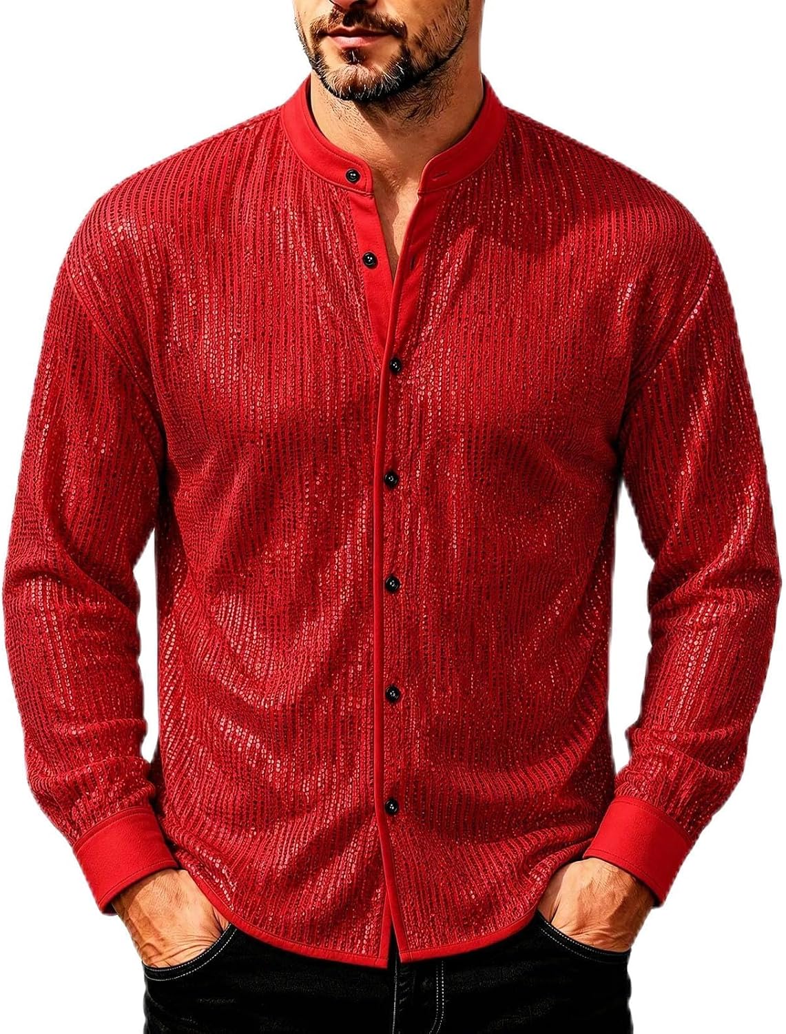 Men's Stand Collar Sequin Shirt Button Front Dressy Long Sleeve Top