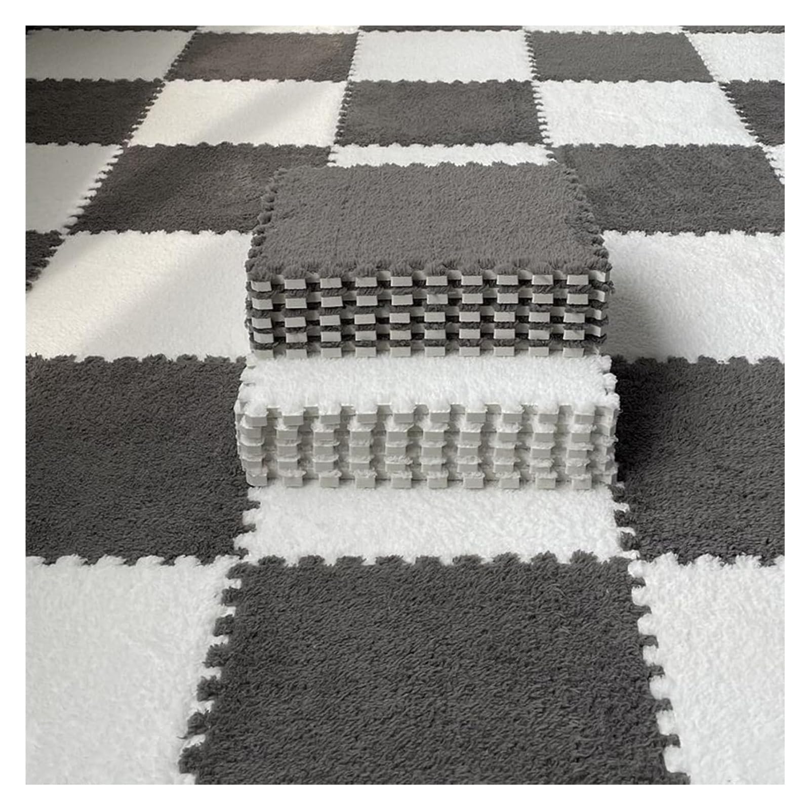 12 szt. Mata do zabawy z płytek dywanowych pluszowej pianki w kwadraty obramowaniem, układanki puszystych(Dark Gray+white)