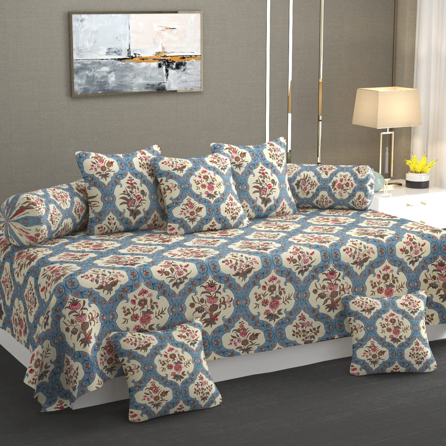 RUSTIC LINEN Diwan Set Cotton 8 Pc Deewan Printed Bedsheet Sets for Living Room Hall 1-Bed Sheet 60x90 Inch, 2-Bolster Cover 16x32 Inch, 5-Cushion Cover 16x16 Inch. (Blue)-image-42