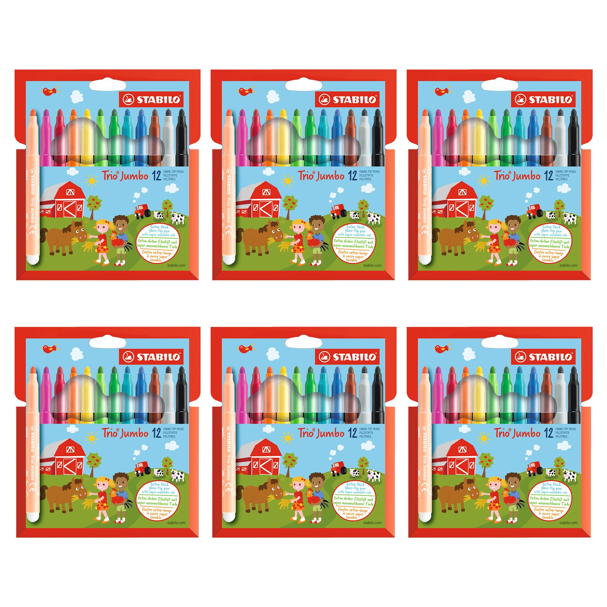 STABILO - Thick Felt Tip Pen - Trio Jumbo - 6 x Pack of 12-12 Colours