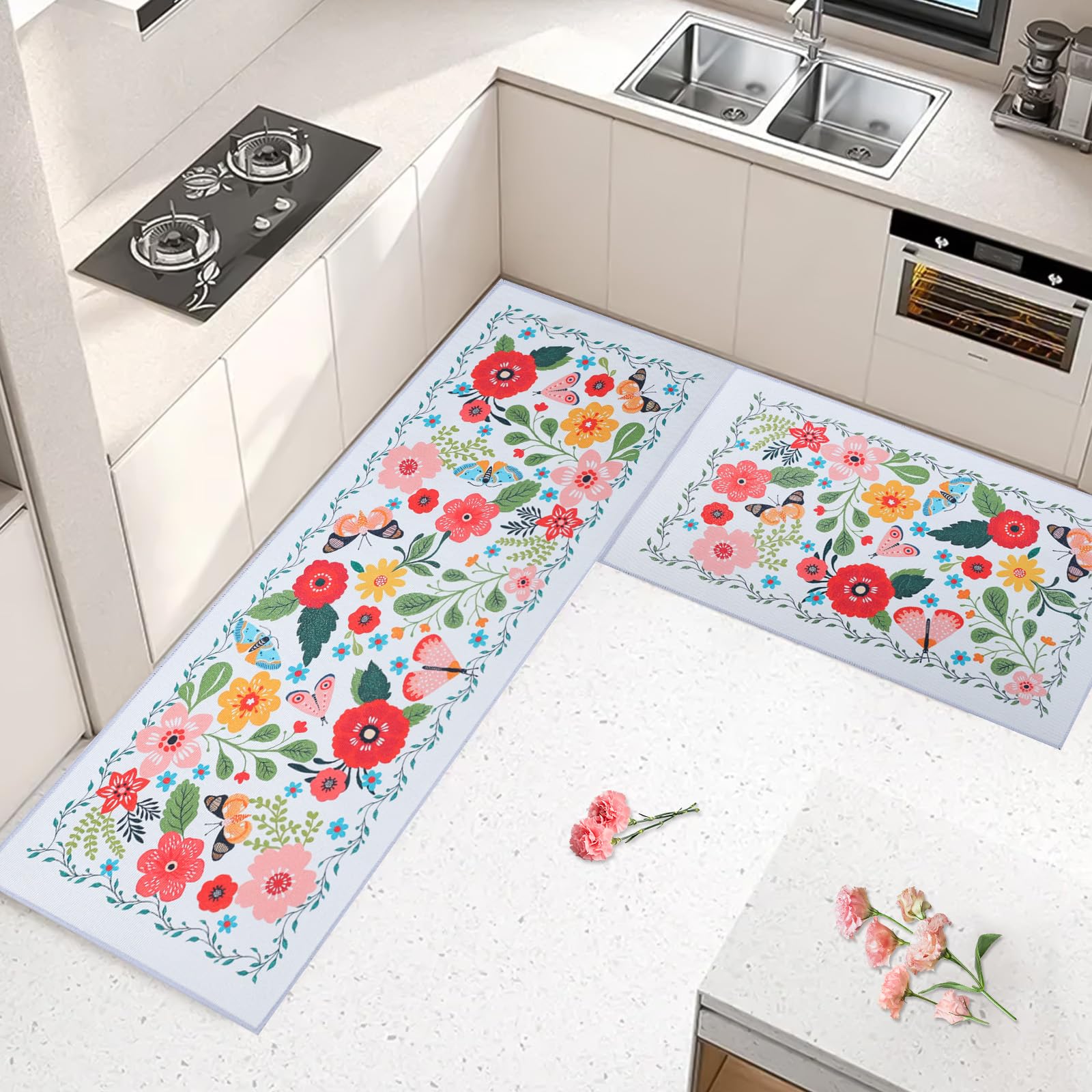 Tapis de Cuisine Anti-dérapant Lavable Anti-Fatigue 2PCS Boho Floral Moderne Ferme