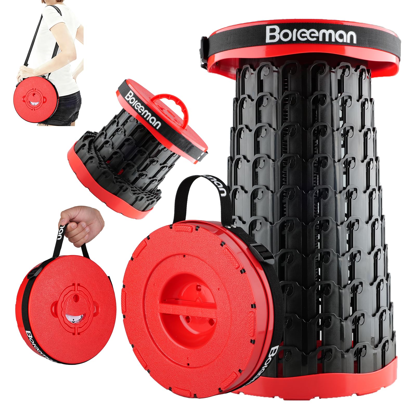 Boreeman 2026 Upgraded Collapsible Stool Lightweight Yet Sturdy with Load Capacity 800lbs Portable Folding Stool for Camping Fishing Hiking BBQ (Red)