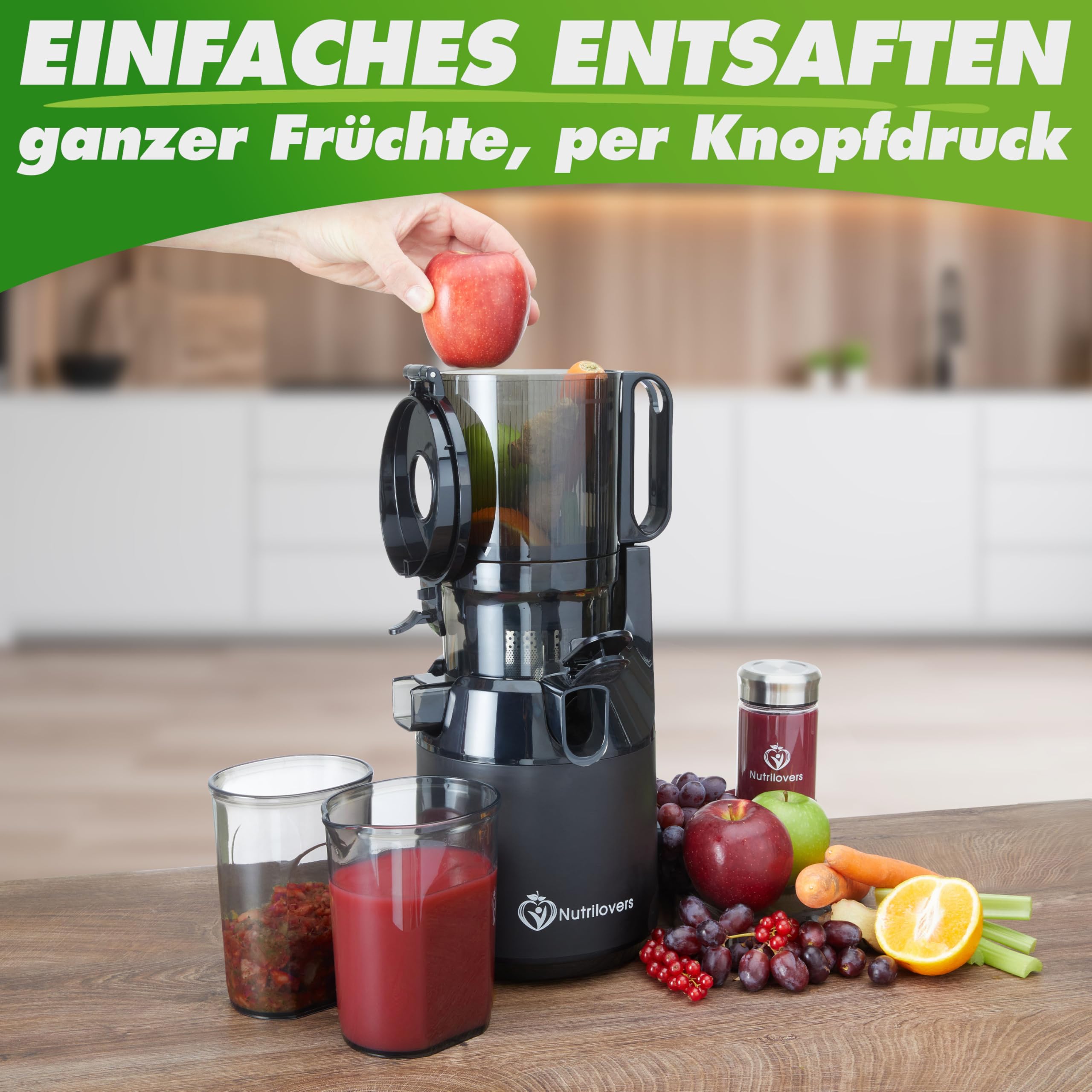 Nutrilovers Slow Juicer NUTRI-PRESS MAX Ganze Früchte entsaften Entsafter mit XXL 135 mm Öffnung, BPA-frei inkl. Saft-Flasche, Slow Juice Rezeptbuch
