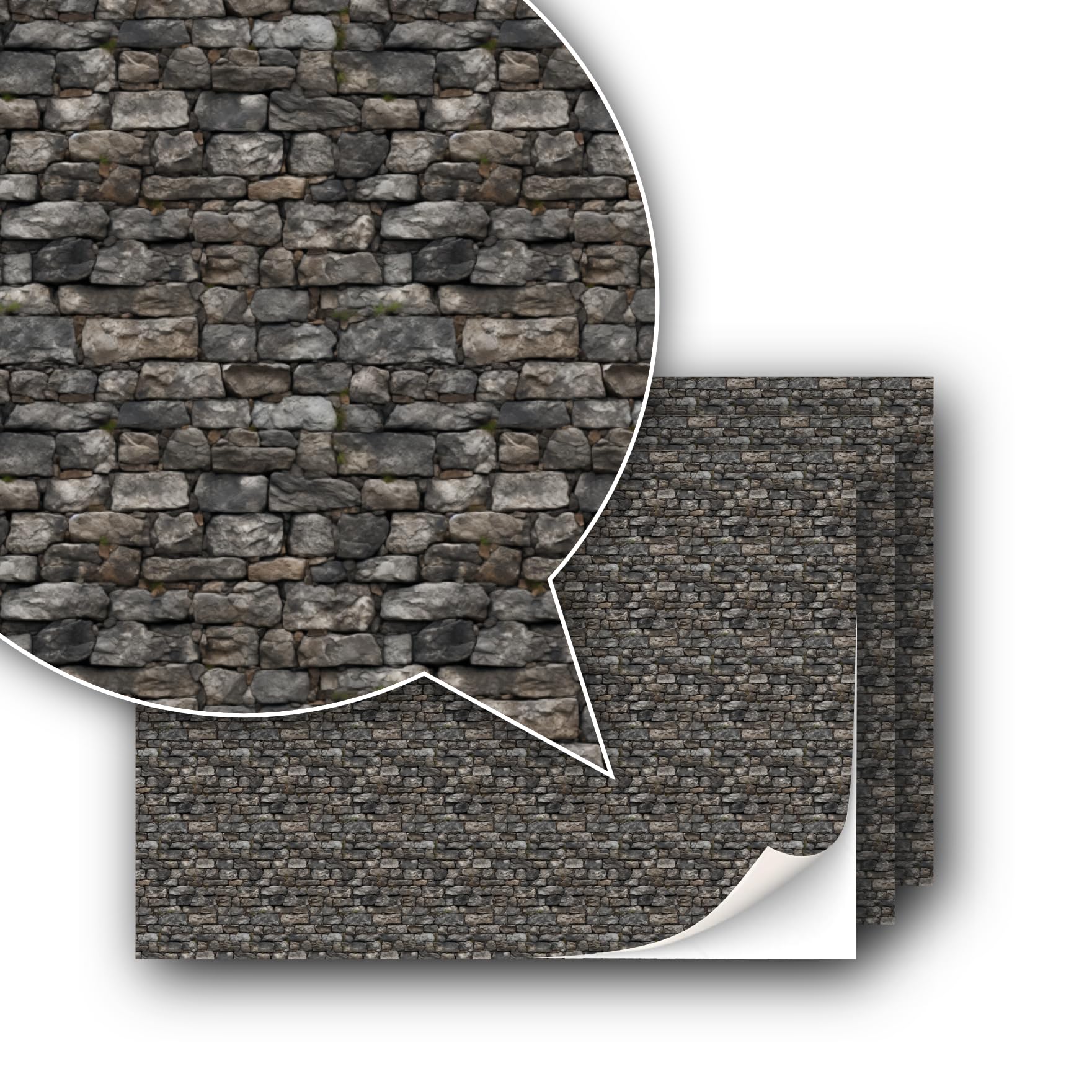 TexturKontor 3 Sheets Self-Adhesive Decorative Film Wall Cladding for Model Making in Scale 1:87 (HO) - Cottage Style - Stone Theme - Rustic/Country