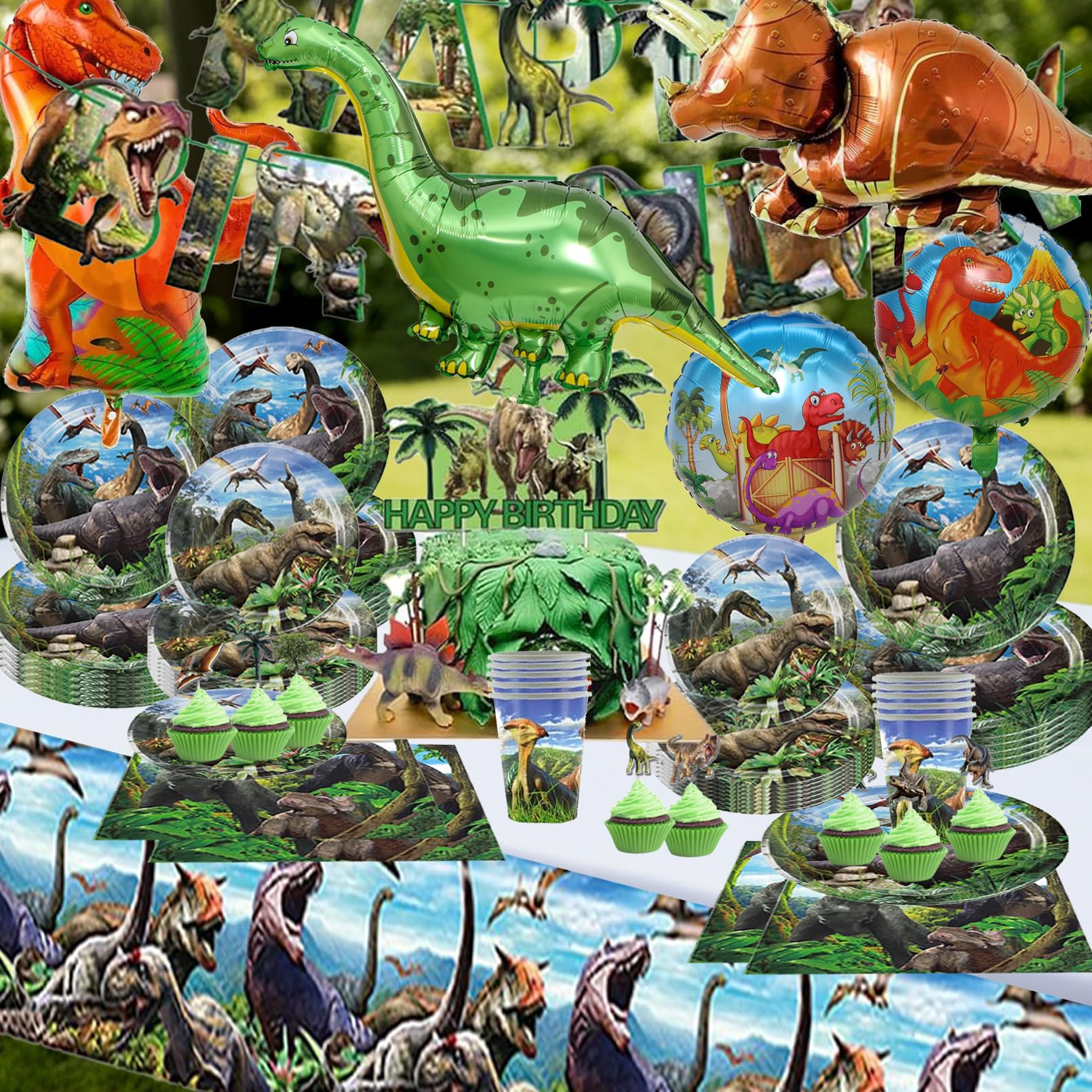 73 Pezzi Dinosauri Stoviglie per Feste di Compleanno，Addobbi Compleanno Dinosauri，Tovaglia, Piatti di Carta，Adatto a 10 persone