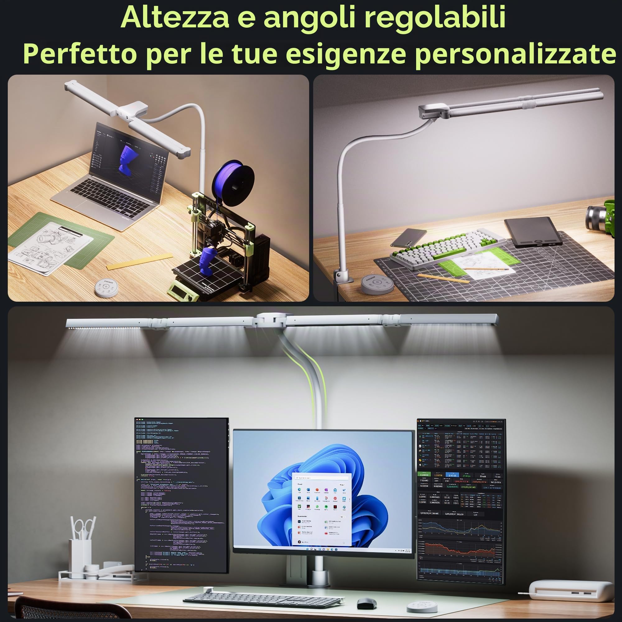EYOCEAN Lampada da scrivania, lampada da scrivania con 4 sorgenti luminose, 24 W, 100 cm, luce diurna da scrivania con telecomando, lampada da monitor dimmerabile, a collo di cigno, lampada da tavolo