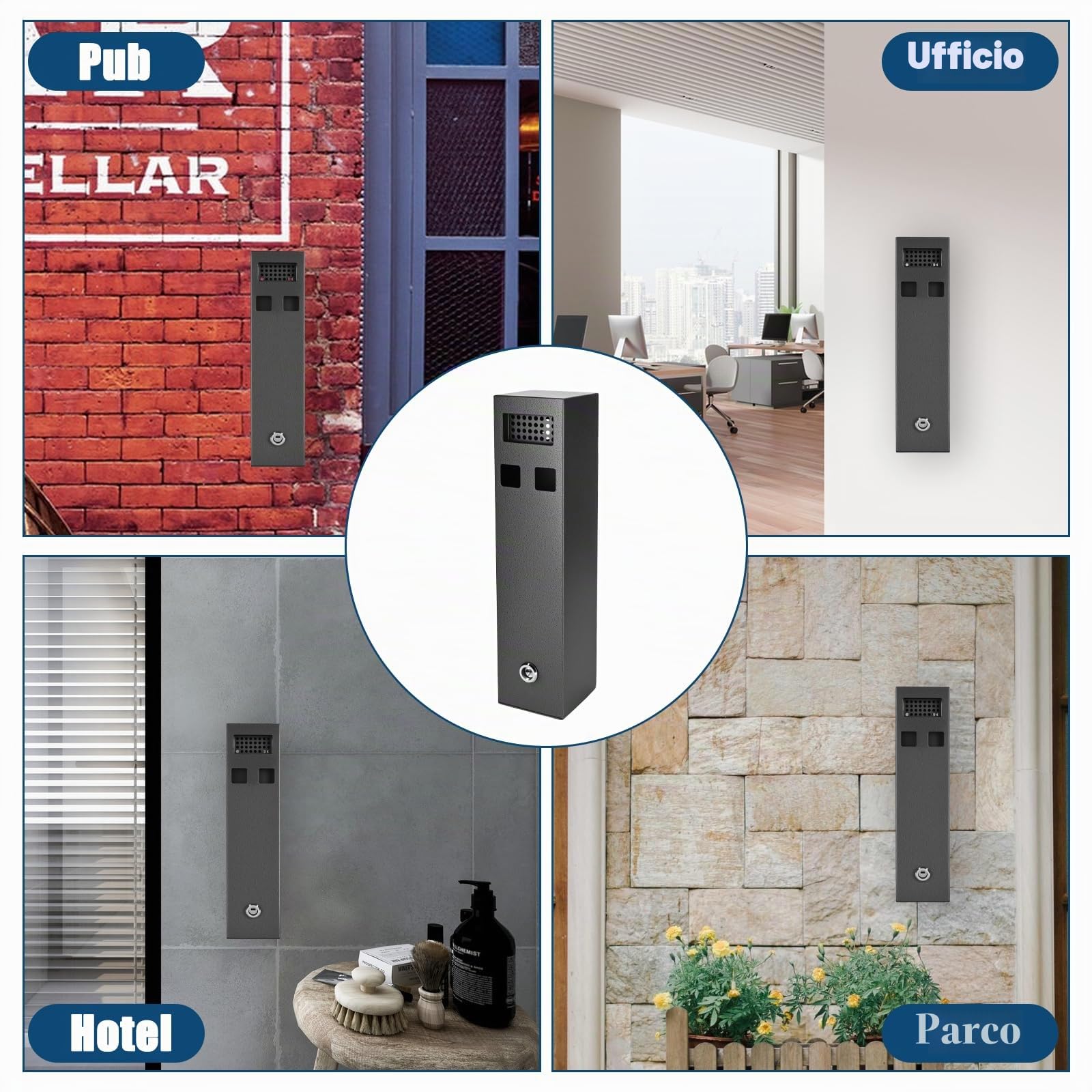 29 x 7 x 7 cm - Posacenere da parete per esterni - Con materiale di montaggio - Chiave - Resistente agli agenti atmosferici - Per giardino, ufficio, hotel, ristorante, strada - Nero