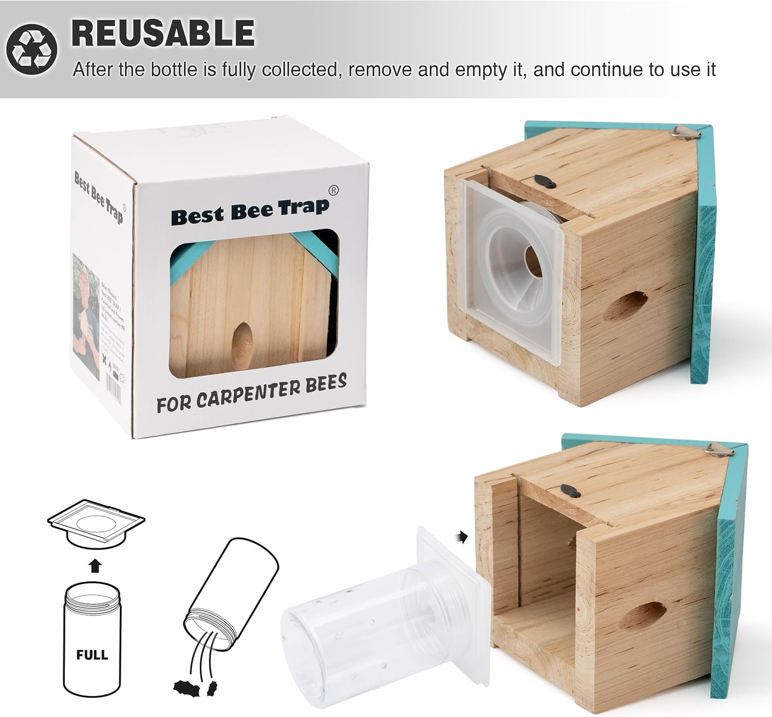 Carpenter Bee Trap for Outside - Best Bee Trap - Blue Cabin Style Nature Hanging Wood Carpenter Bee Traps Outdoor - Insect Traps with Removable Vault (2 Pack)