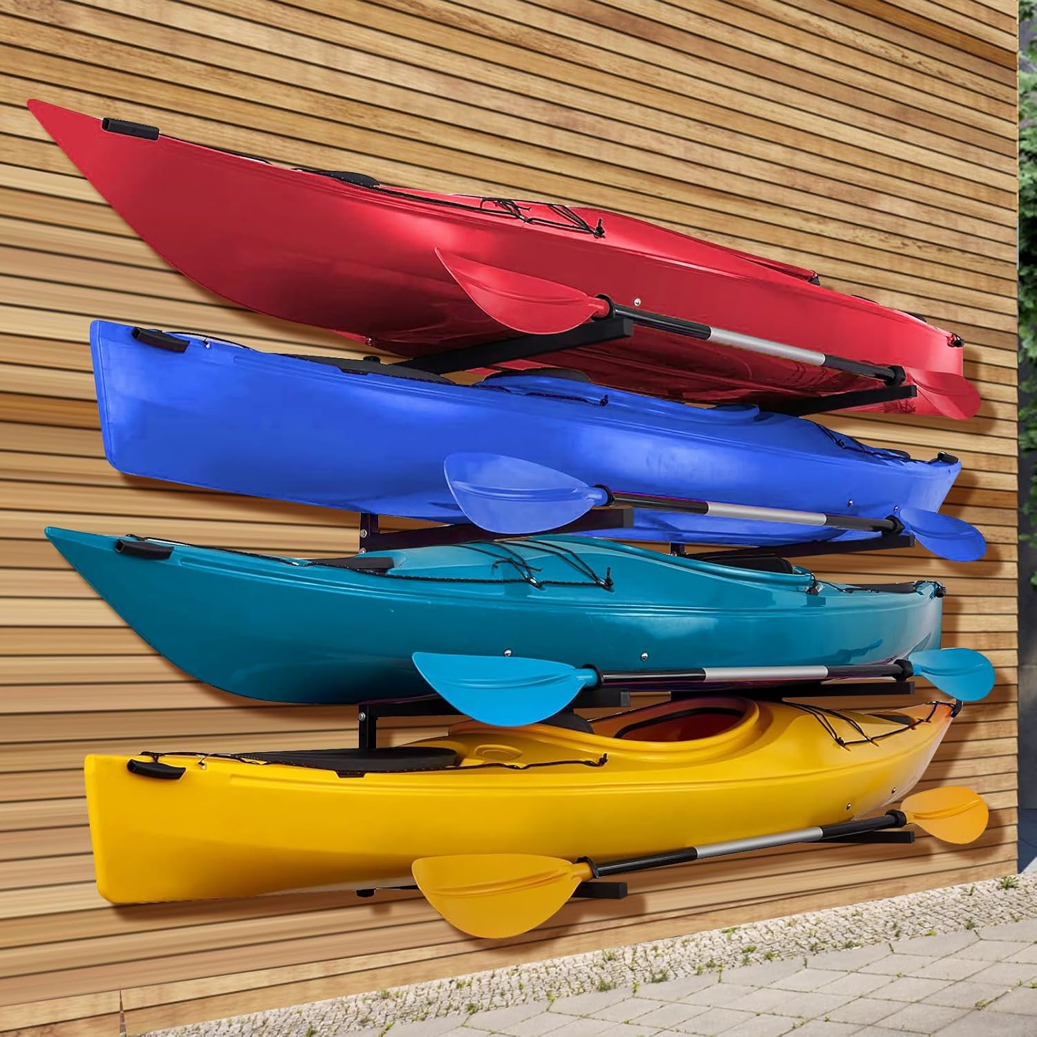 Kayak Wall Mount Rack for 4 Kayaks, Kayak Paddle Holder for Garage Storage, Shed Shelving Weight Capacity 440 LBS Spacesaver Kayak Wall Mount Rack for 4 Kayaks, Kayak Paddle Holder for Garage Storage, Shed Shelving Weight Capacity 440 LBS Spacesaver