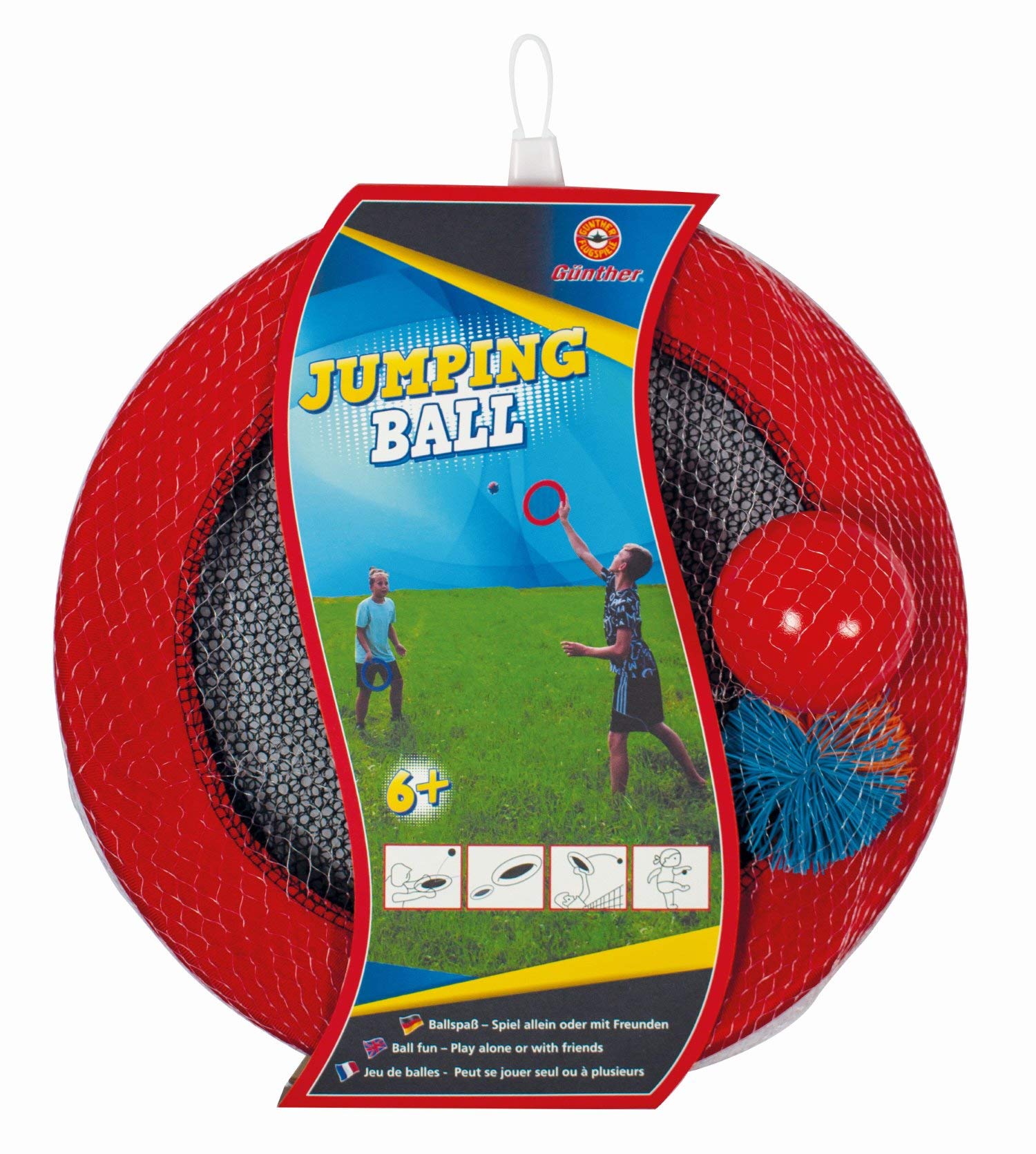 Paul Günther 1561 1561 Jumping Ball, Skill Game 2 in 1, Ball Game and Throwing Discs Can Be Used Individually Diameter Approx. 30 cm, for Children from 5 Years, Ideal as a Gift, Multicoloured
