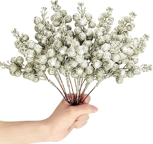 Paquete de 16 tallos de bayas con purpurina de Navidad, 8 pulgadas, púas artificiales de bayas nevadas brillantes para manualidades, manualidades,