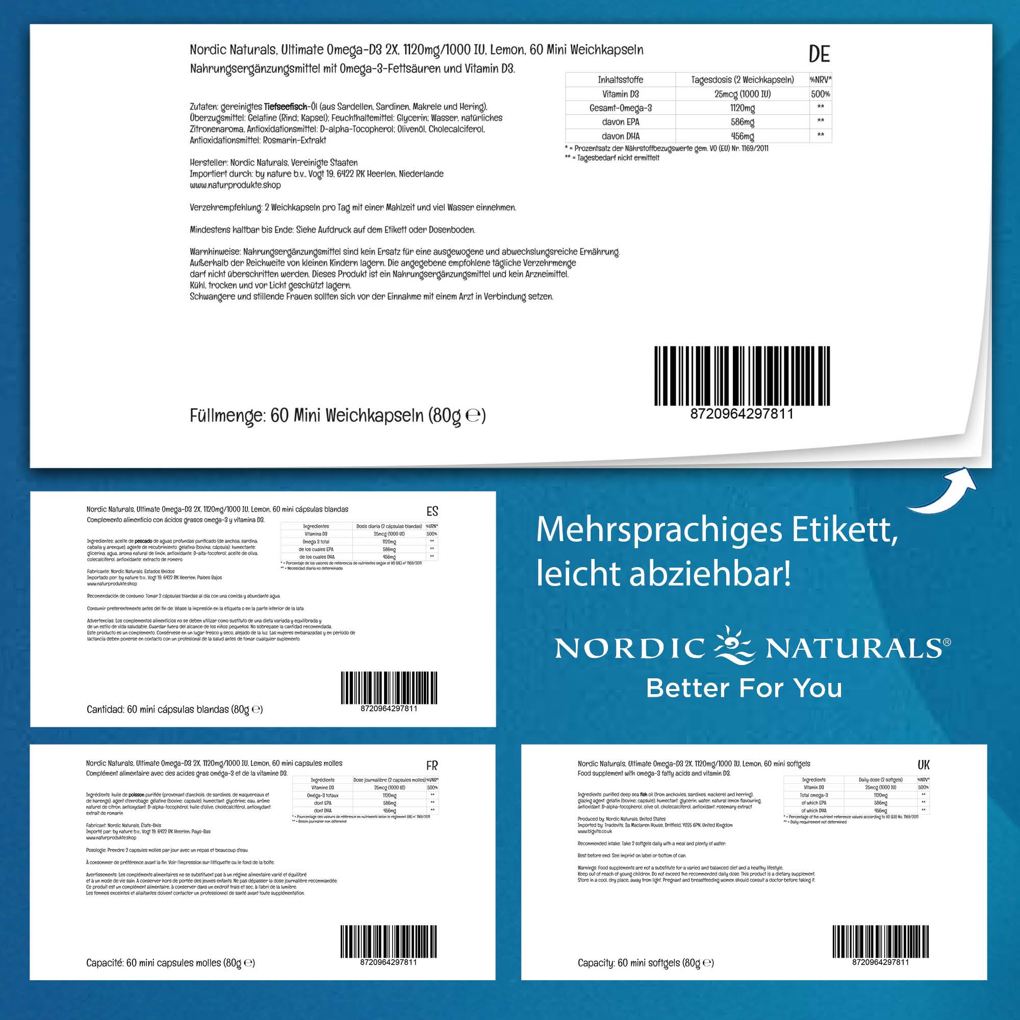 Nordic Naturals Ultimate Omega‑D3 2X 1120 mg / 1000 IU – Zitronengeschmack, 60 Mini-Weichkapseln – Hochdosiertes Omega‑3 + Vitamin D3