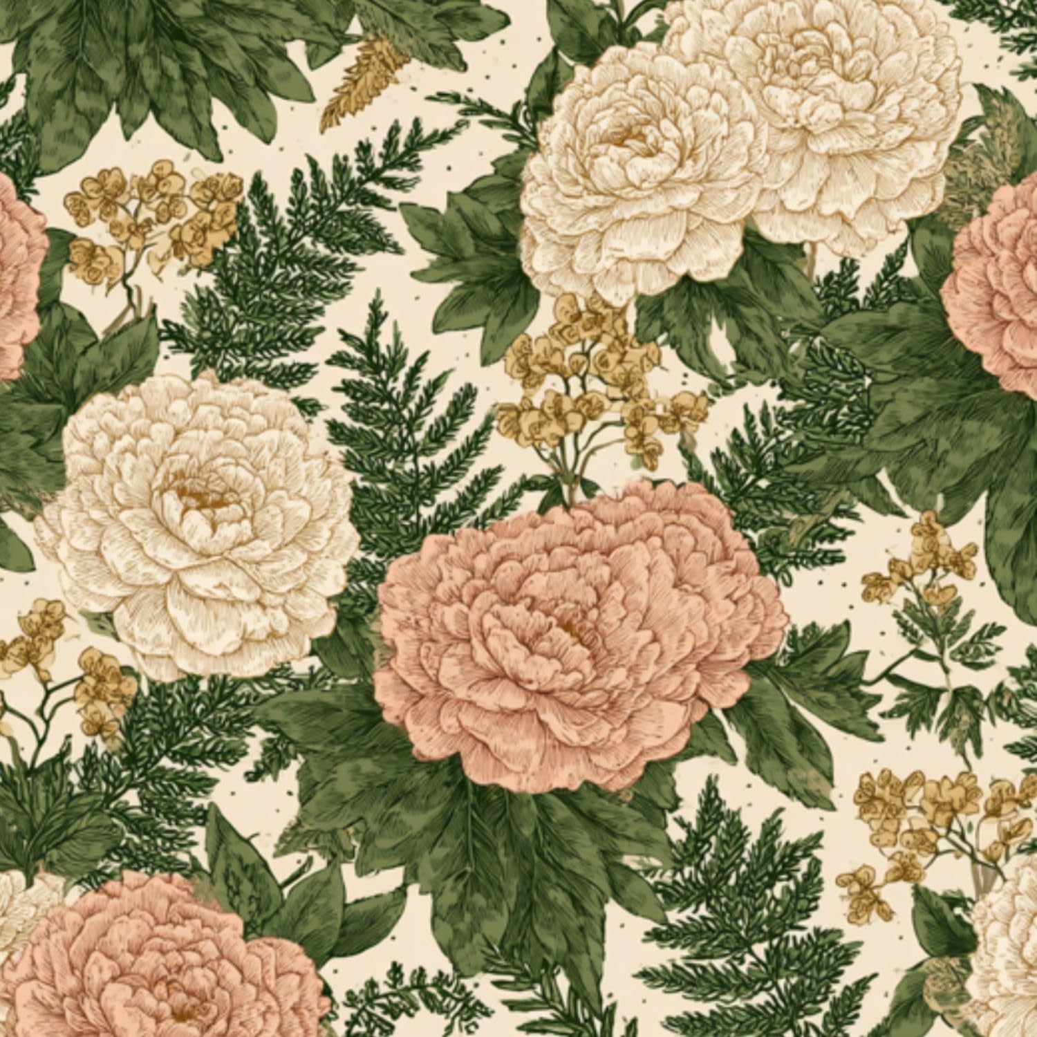 DERUINVAIO Self Adhesive Feature Removable Seamless Peony Floral Vines Fern Leaves Peel and Stick Vinyl Wallpaper Roll, Sticky Lining Paper for Bedroom, Living Room, Kitchen Walls