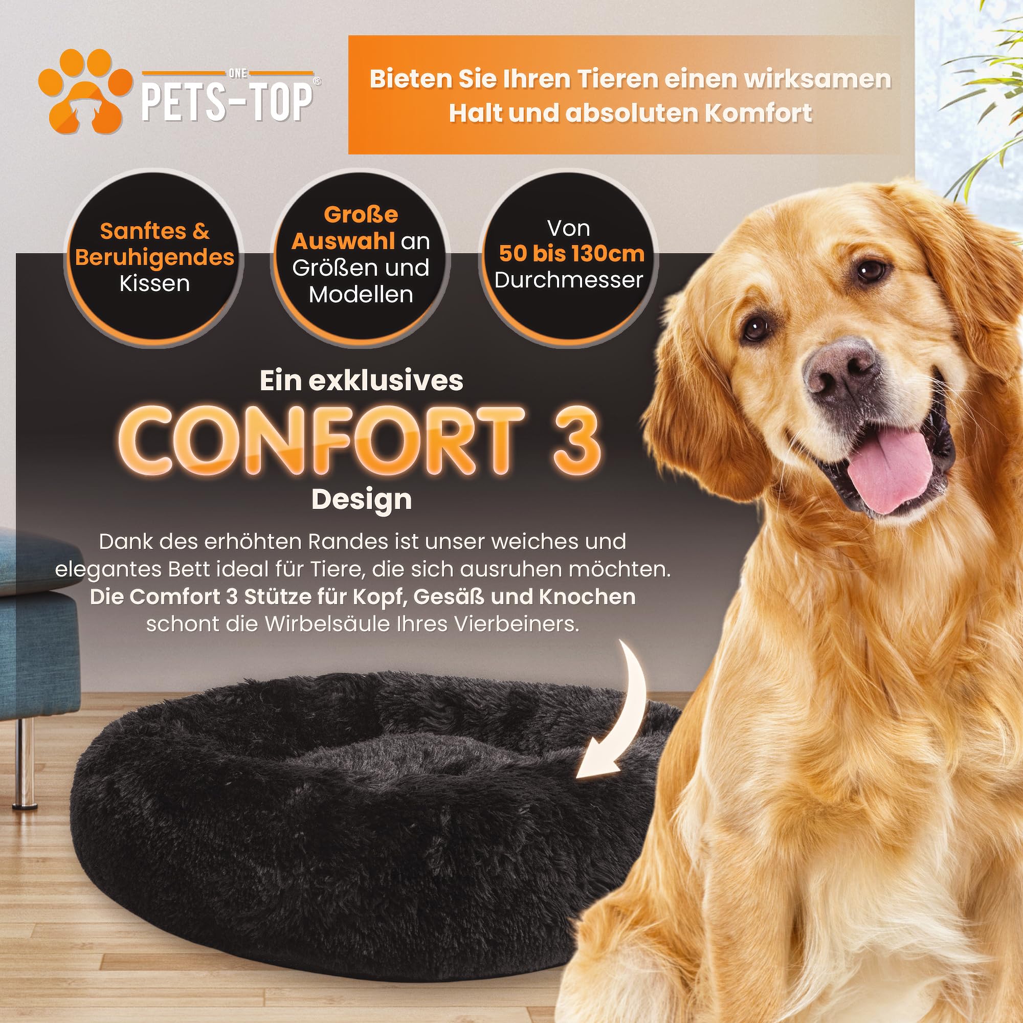One PETS-TOP® Hundekörbchen Waschbar Fluffy – Donut Hundebett Flauschig mit Abnehmbarem Bezug – Hundebett Rund für Kleine & Große Hunde – Hundekissen Waschbar Anti-Stress – 115 cm Schwarz