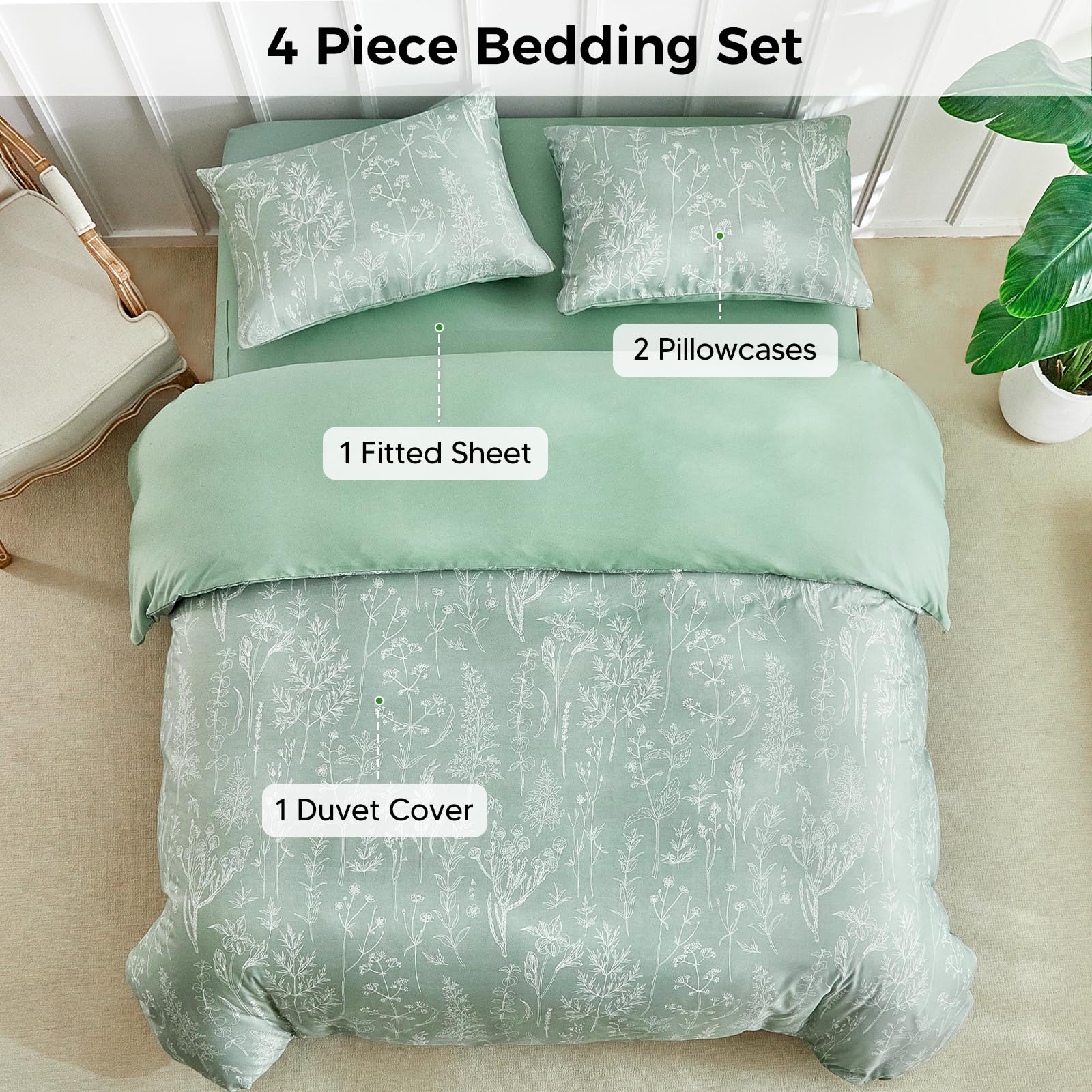 Tokokimo King Size Duvet Cover Sets 4 Piece Sage Green Bedding Set with Fitted Sheet - Floral Pattern Soft Microfiber King Size Bedding (1x Duvet Cover, 2x Pillowcases, 1x 40cm Deep Fitted Sheet) — view 3