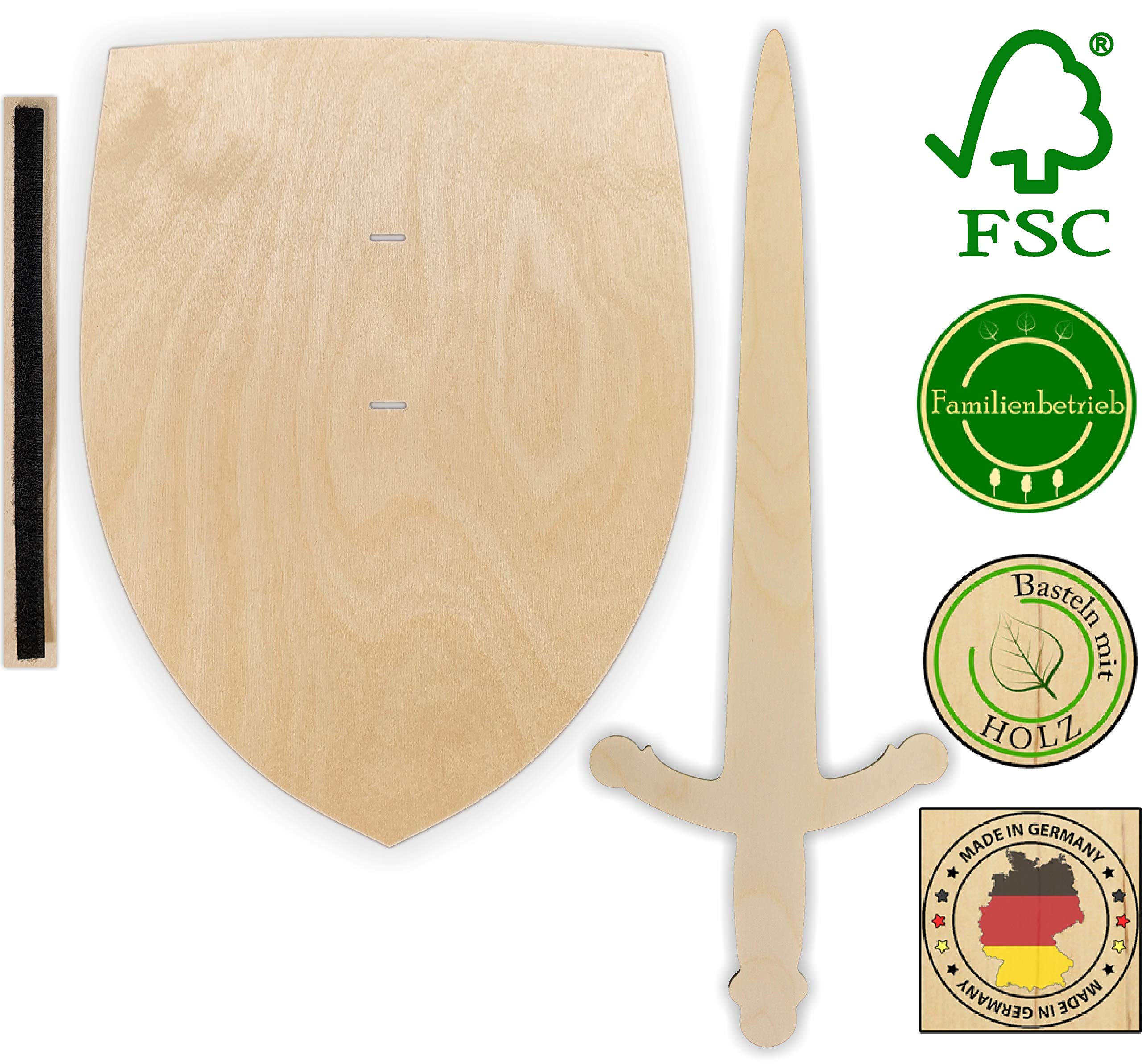 Herr Bo & Co 10x Ritterschild und Ritterschwert als Set unbehandeltem 3mm Birkensperrholz, inkl. Halteschlaufe aus hochwertigem doppelseitigem Klettband, FSC-Zertifiziert, Made in Germany