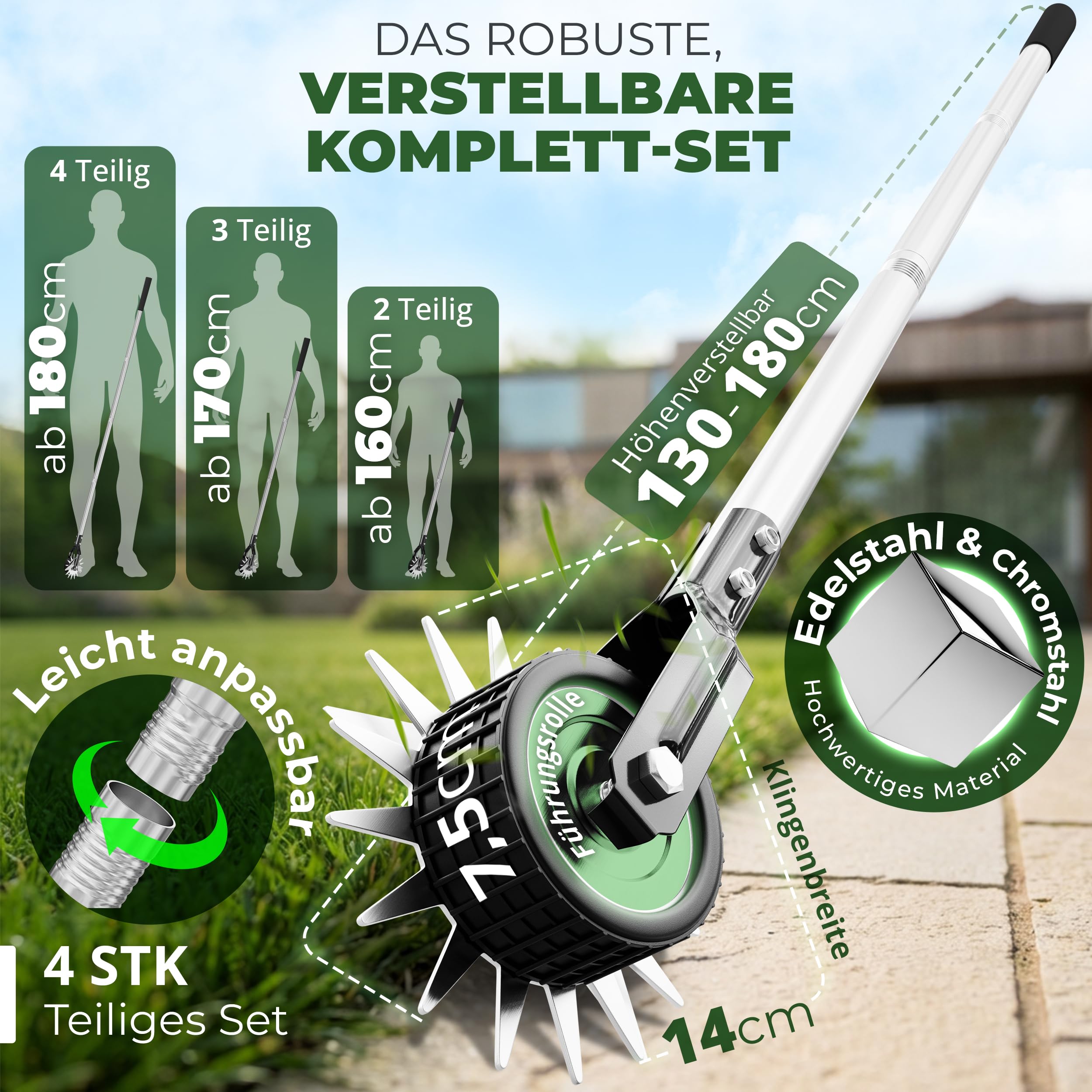 Rasenkantenschneider – Verstellbarer Edelstahl-Handgriff, Ergonomisch, gut ausbalancierte Rollen, Inklusive Schleifmesser