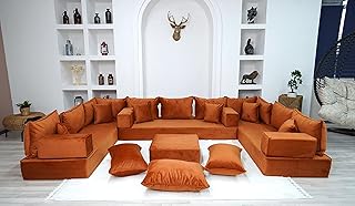 Velvet Fabric Sofa, Amber Color U Shaped Floor Seating Sofas, Sofa Covers, Moroccan Livingroom Furniture, Sectional Sofas, Arabic Seating, Velvet Couch (U Sofa + Ottoman)