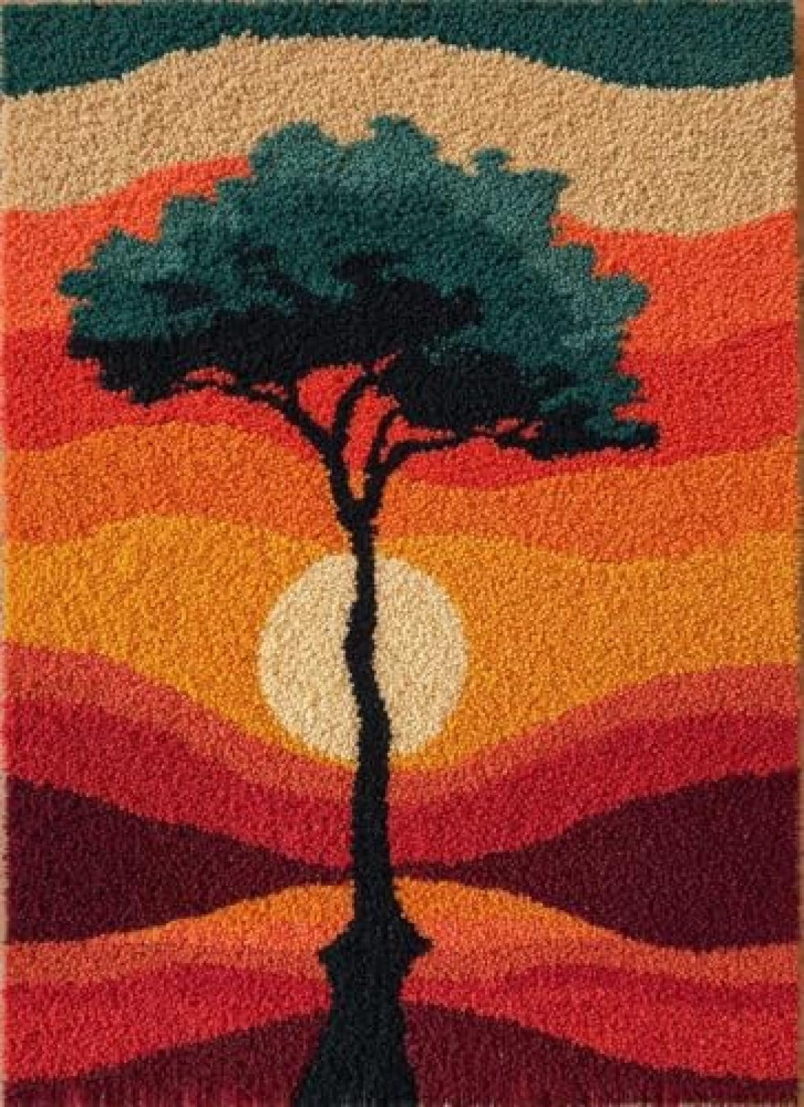 XDEGHUANGSS Latch Hook Rug Kit Elm Tree and Sunset with Pre-Printed Mat Cover DIY Cushion Crochet Yarn Hooking Craft Set for Floor Decor 38x52cm-3