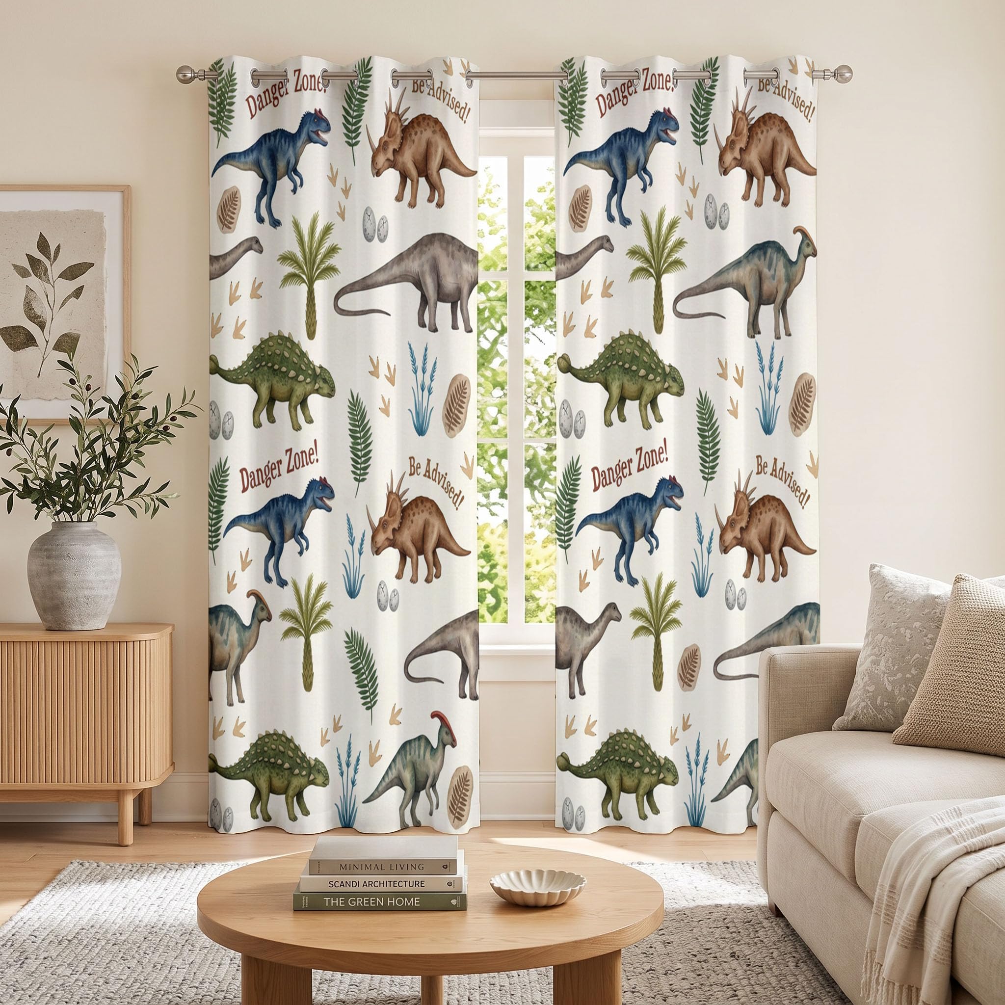 Dinosaure À L'Aquarelle Rideau - Thème Animalier Rideau Occultant Thermiques, L140×H240Cm (2 Panneaux) Rideaux À Oeillets pour Decoration Chambre Salon, Beige Marron