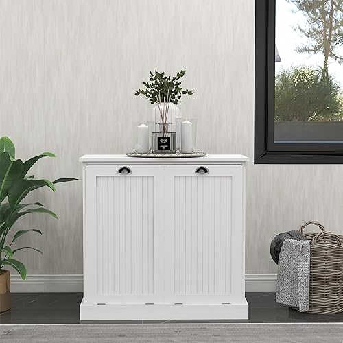 Miniatura 6 de Gabinete de cesta de lavandería inclinable con cesta extraíble, armario de lavandería doble oculto, gabinete de almacenamiento de baño de madera,