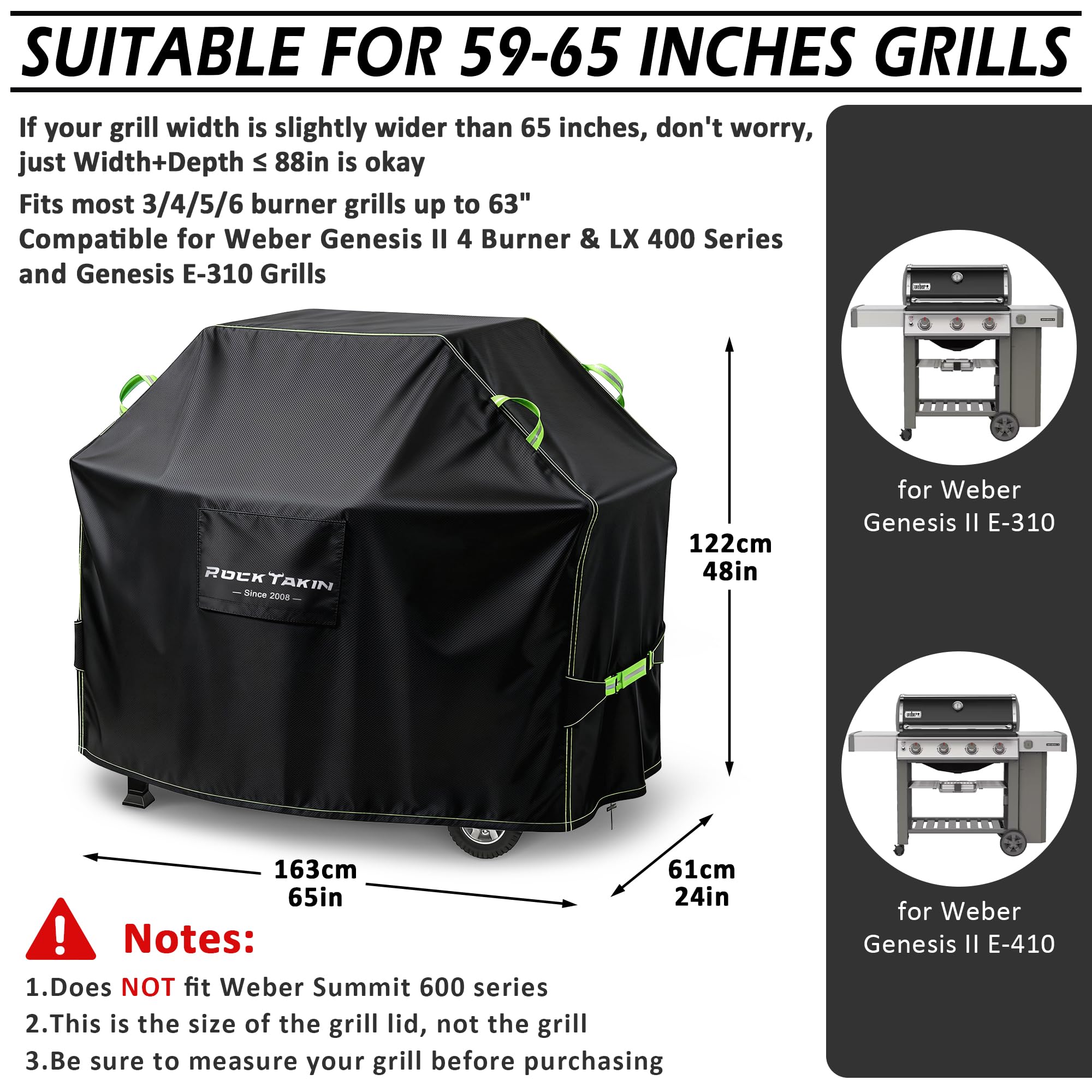 Rocktakin - Copertura resistente per griglia a gas da 165 cm, per esterni, impermeabile, resistente ai raggi UV e allo sbiadimento, antivento, con prese d'aria per Weber, Char-Broil, Nexgrill e altro