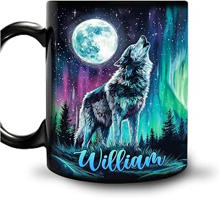 Personalized Wolf Mug for Men Women, Wolves Lovers Gifts for Wild Animal Lovers on Birthday Christmas, Howling Wolf Gift Idea for Dad Husband, Custom Name 11oz Black Ceramic Coffee Tea Mug