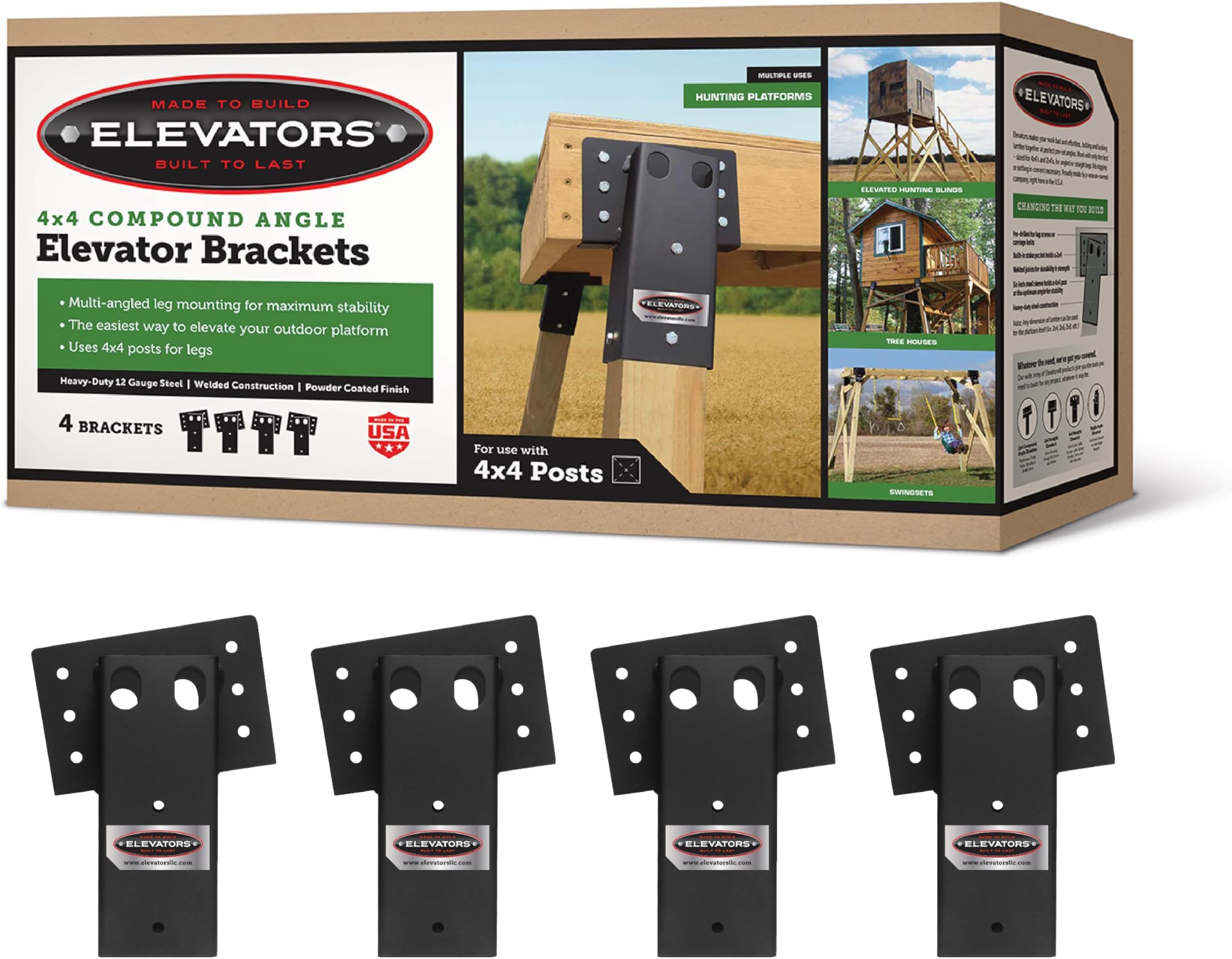 Elevators 4x4 Elevator Brackets, Double Angled Construction-Grade Steel, Ideal for Hunting Stands, Tree Houses, Decks, and More, 4-Pack