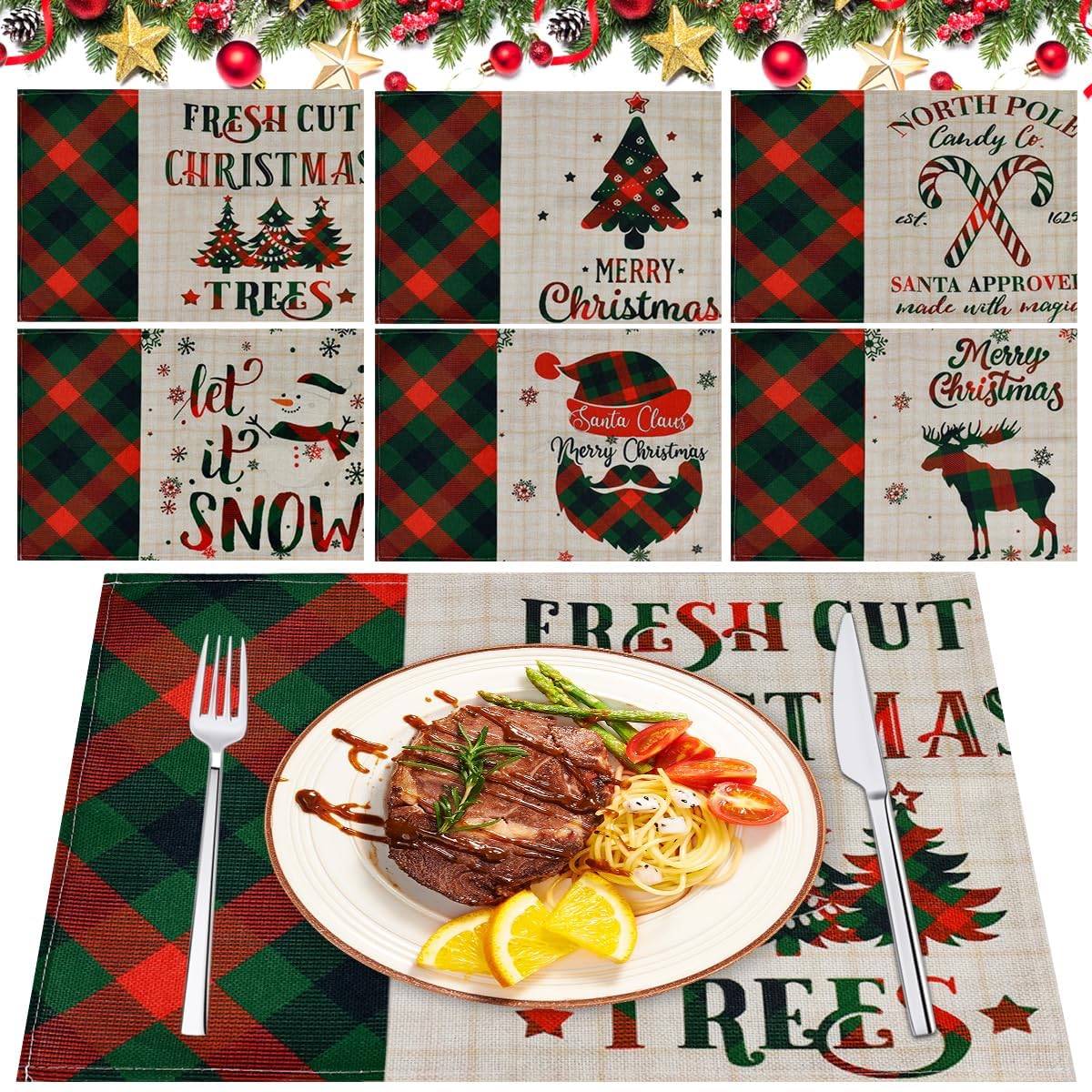 LPAMABA Juego de 6 43x32 Manteles Individuales Navideños Salvamanteles Rectángulo Navidad Manteles Individuales Lavable Rojo para Cocina Comedor Decoración de Mesa