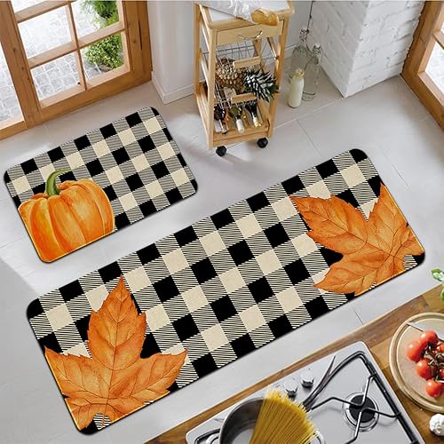 Miniatura 2 de Juego de 2 tapetes y tapetes de cocina a cuadros de otoño, calabaza naranja y hoja de arce para piso, decoración del hogar, decoración del hogar,